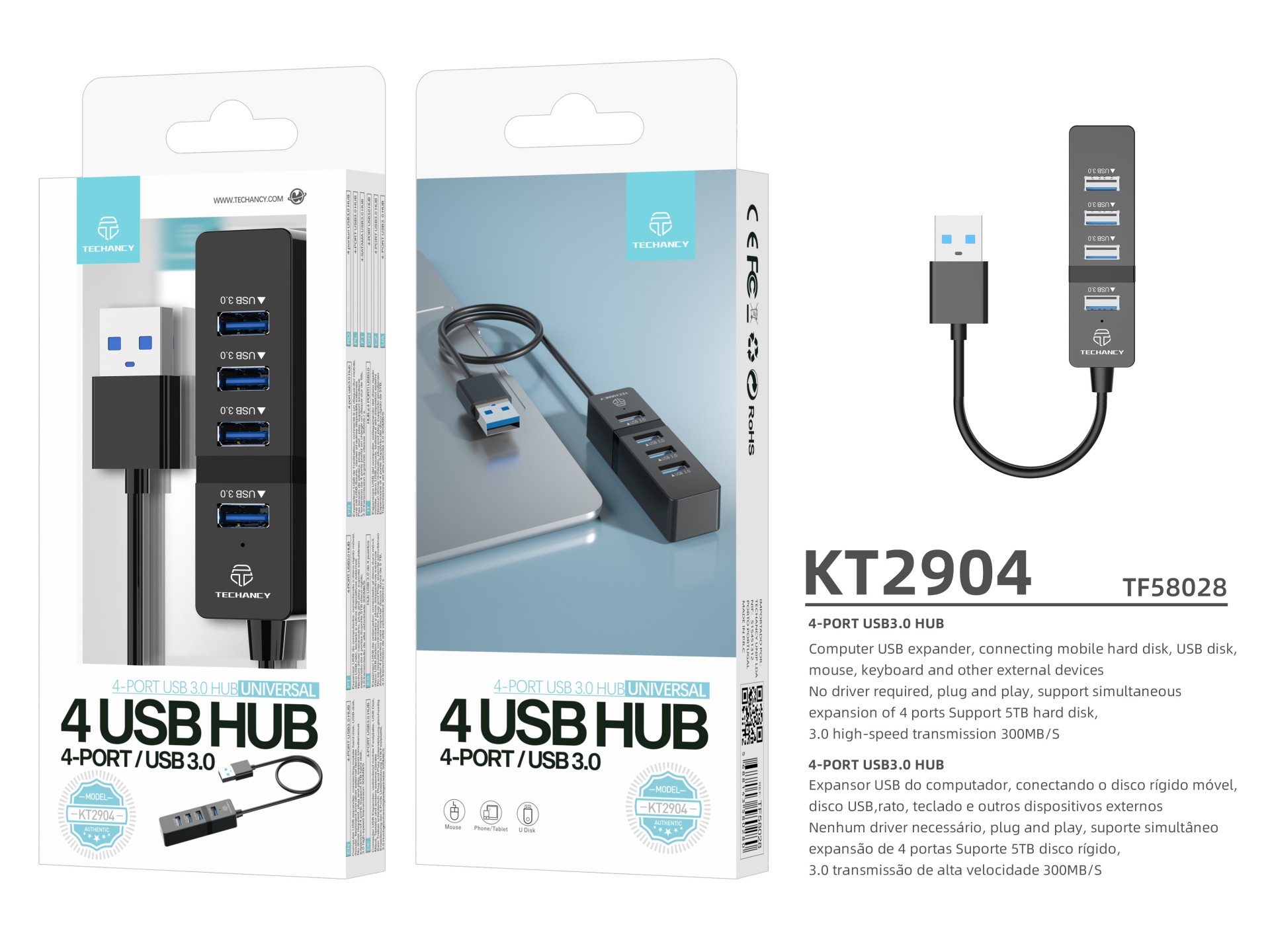 Concentrador USB Techancy, 4 puertos USB 3.0, KT2904, negro
