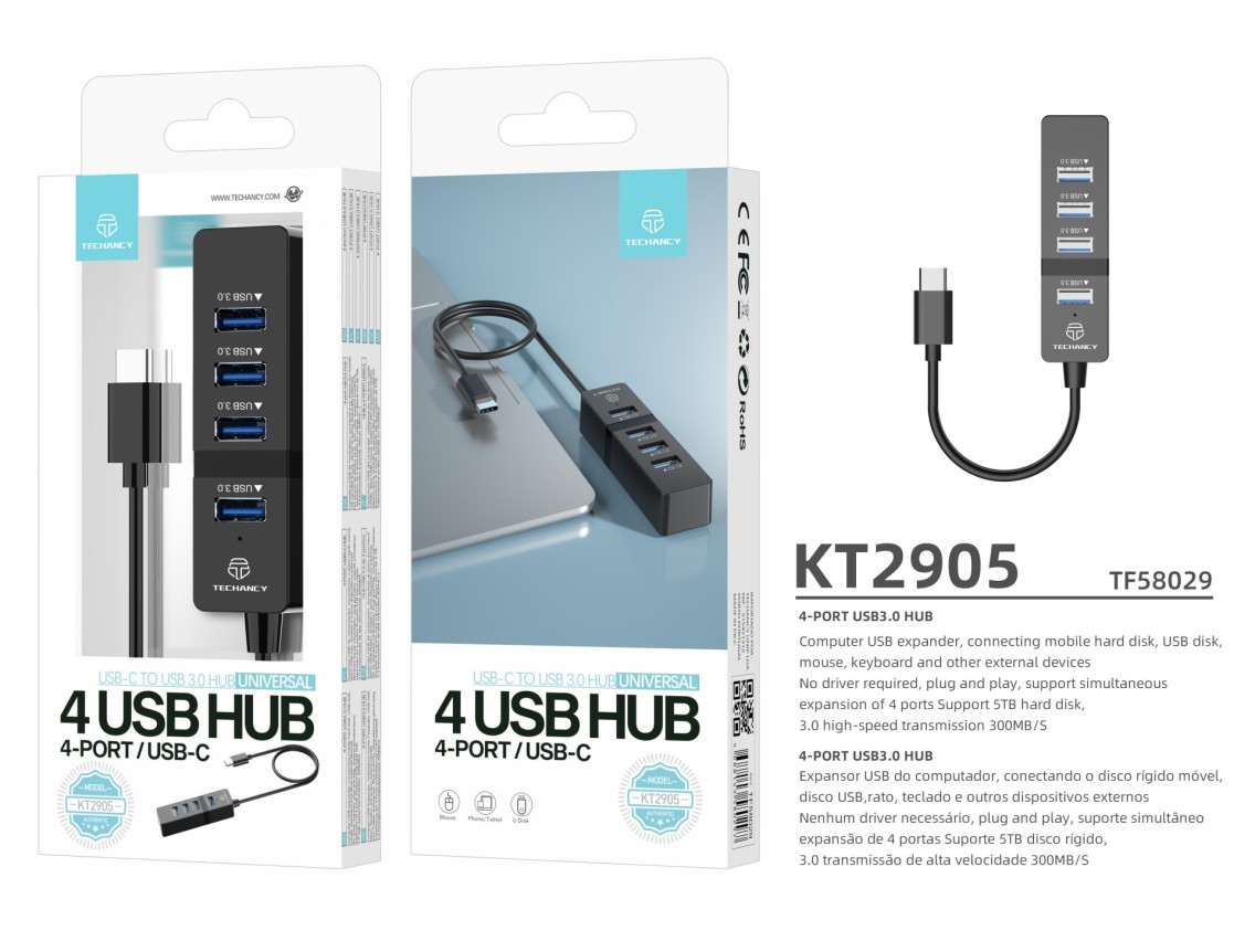 Techancy USB-C HUB, 4 USB 3.0 Ports, KT2905, Black