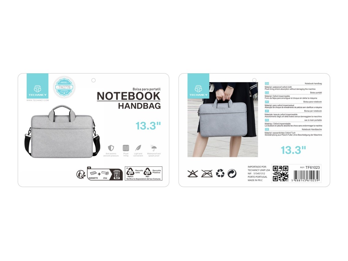 Bolsa para portátil Techancy TW2778, gris, 13,3 pulgadas, correa ajustable