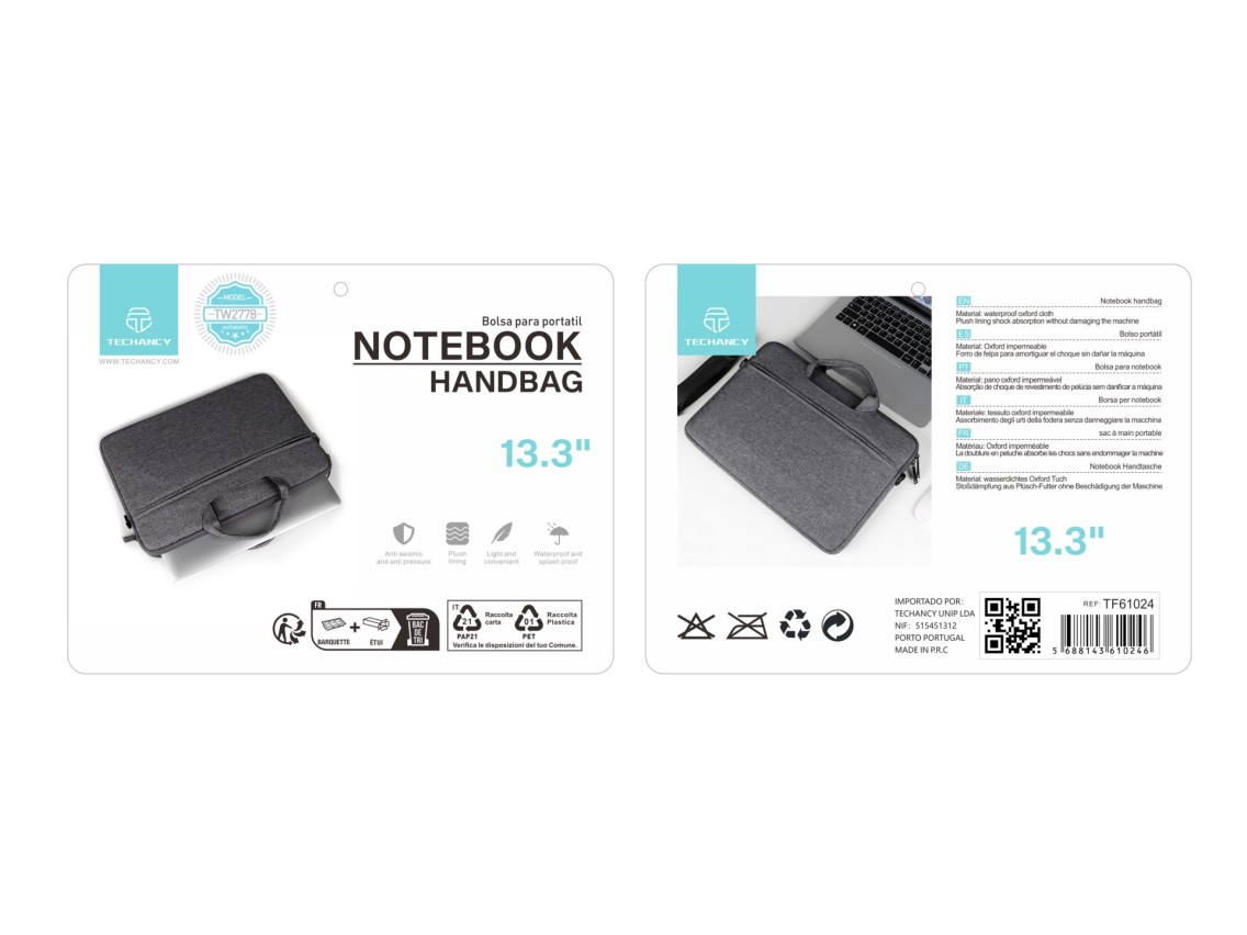 Mala para computador port�til Techancy TW2778, Preto, 13,3 polegadas, al�a ajust�vel