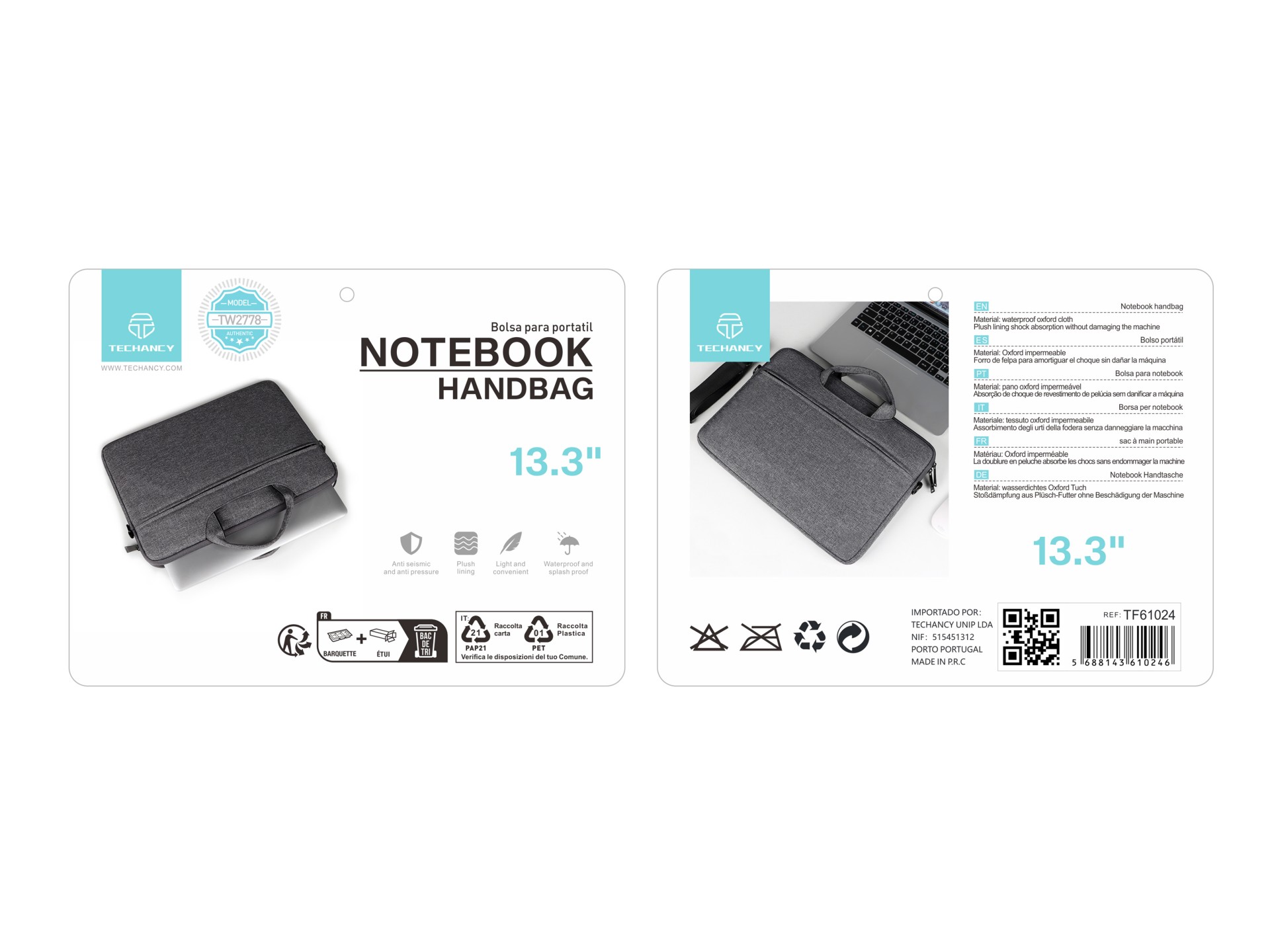 Mala para computador portátil Techancy TW2778, Preto, 13,3 polegadas, alça ajustável