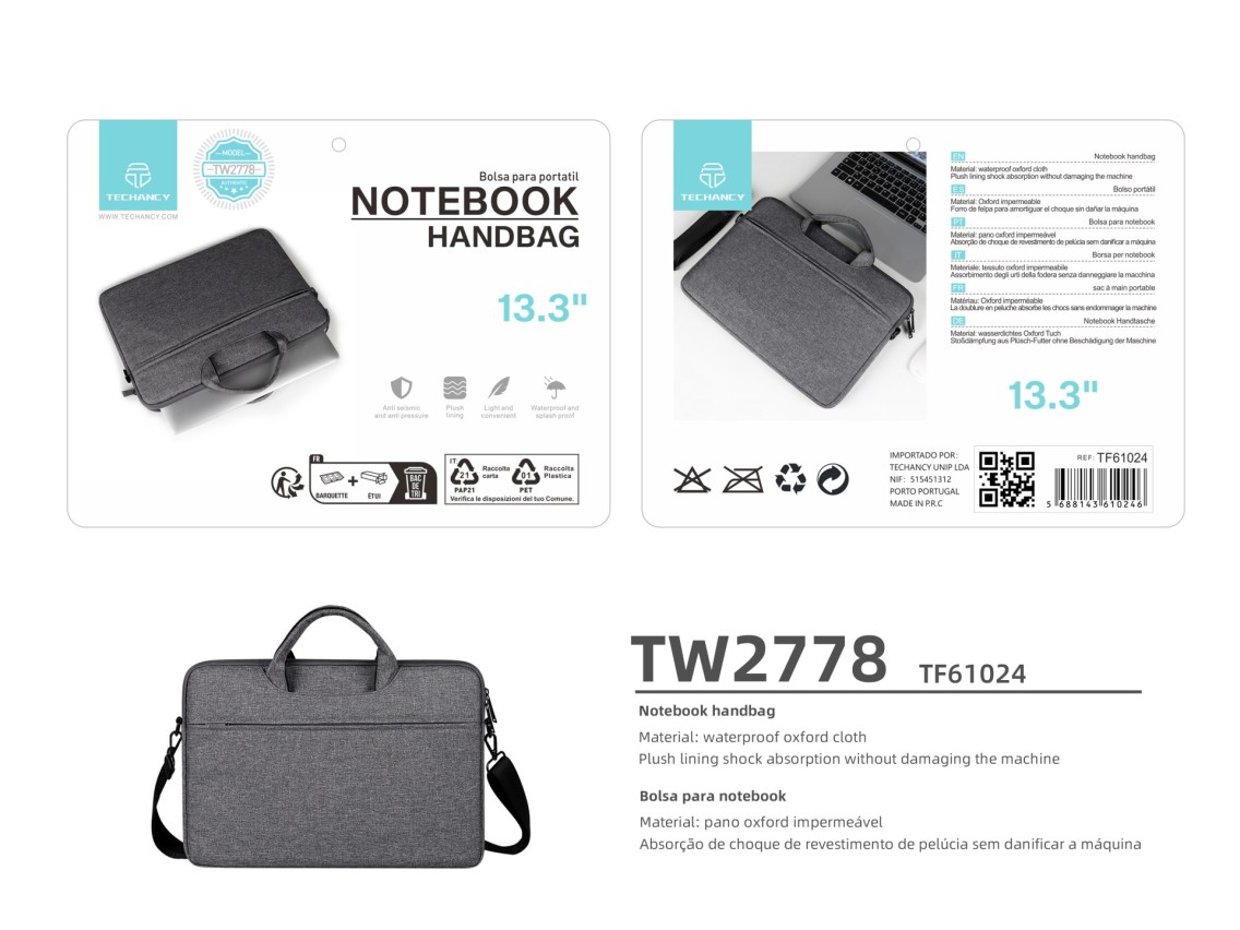 Mala para computador port�til Techancy TW2778, Preto, 13,3 polegadas, al�a ajust�vel