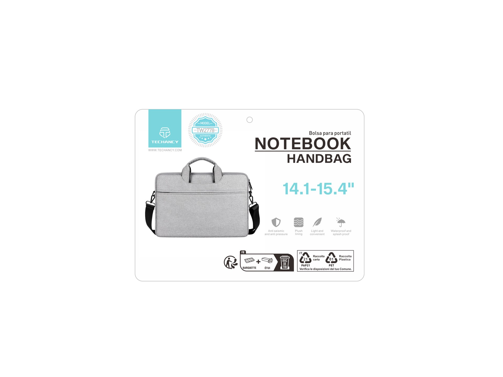 Techancy TW2778 Gray 14.1/15.4 Inch Laptop Carrying Case with Adjustable Shoulder Strap