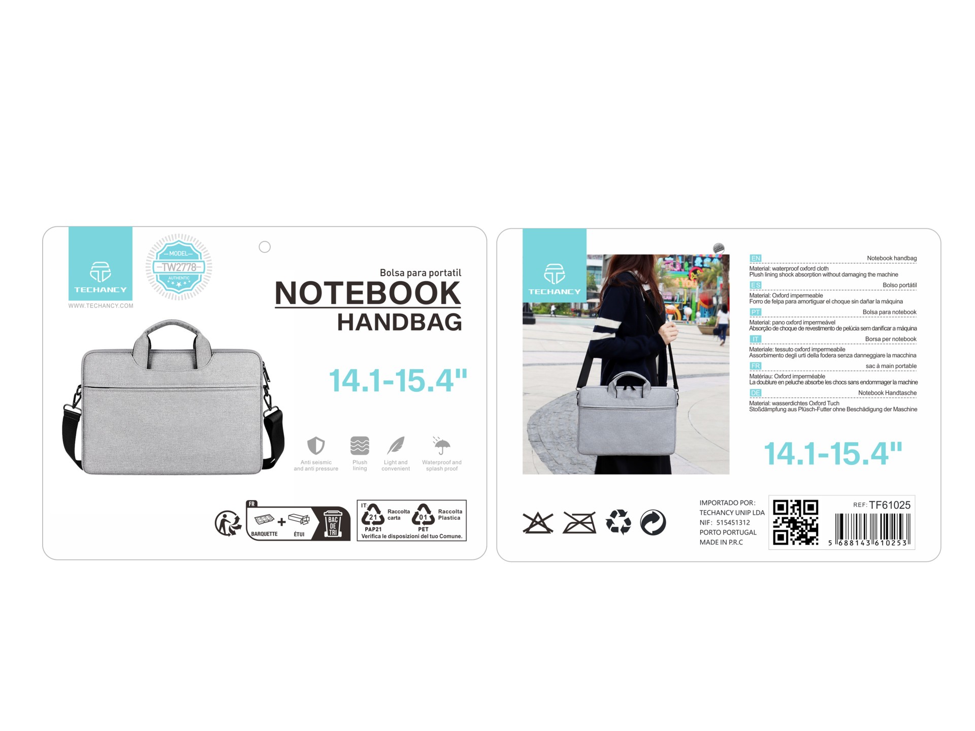 Techancy TW2778 Gray 14.1/15.4 Inch Laptop Carrying Case with Adjustable Shoulder Strap