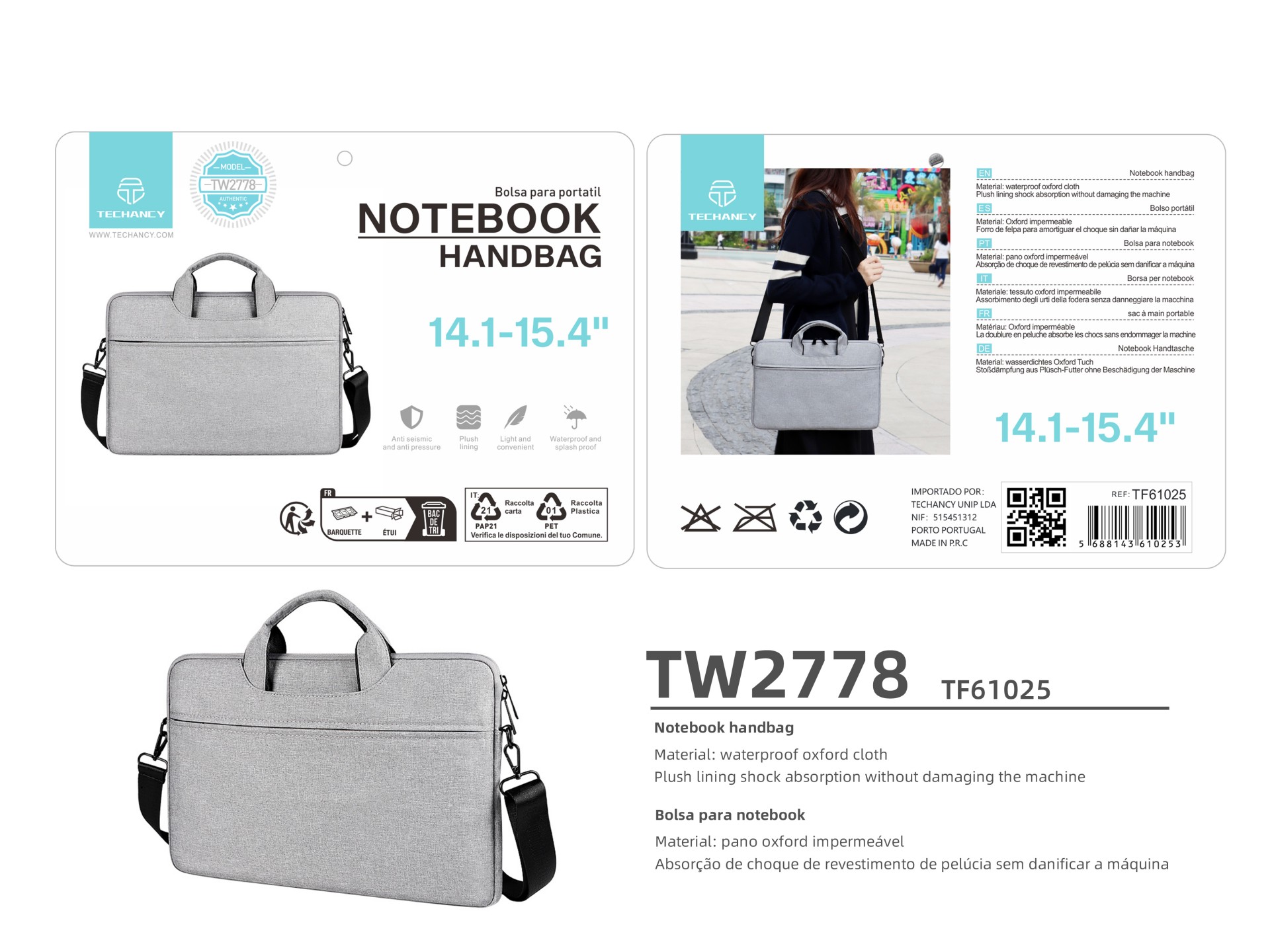 Techancy TW2778 Gray 14.1/15.4 Inch Laptop Carrying Case with Adjustable Shoulder Strap