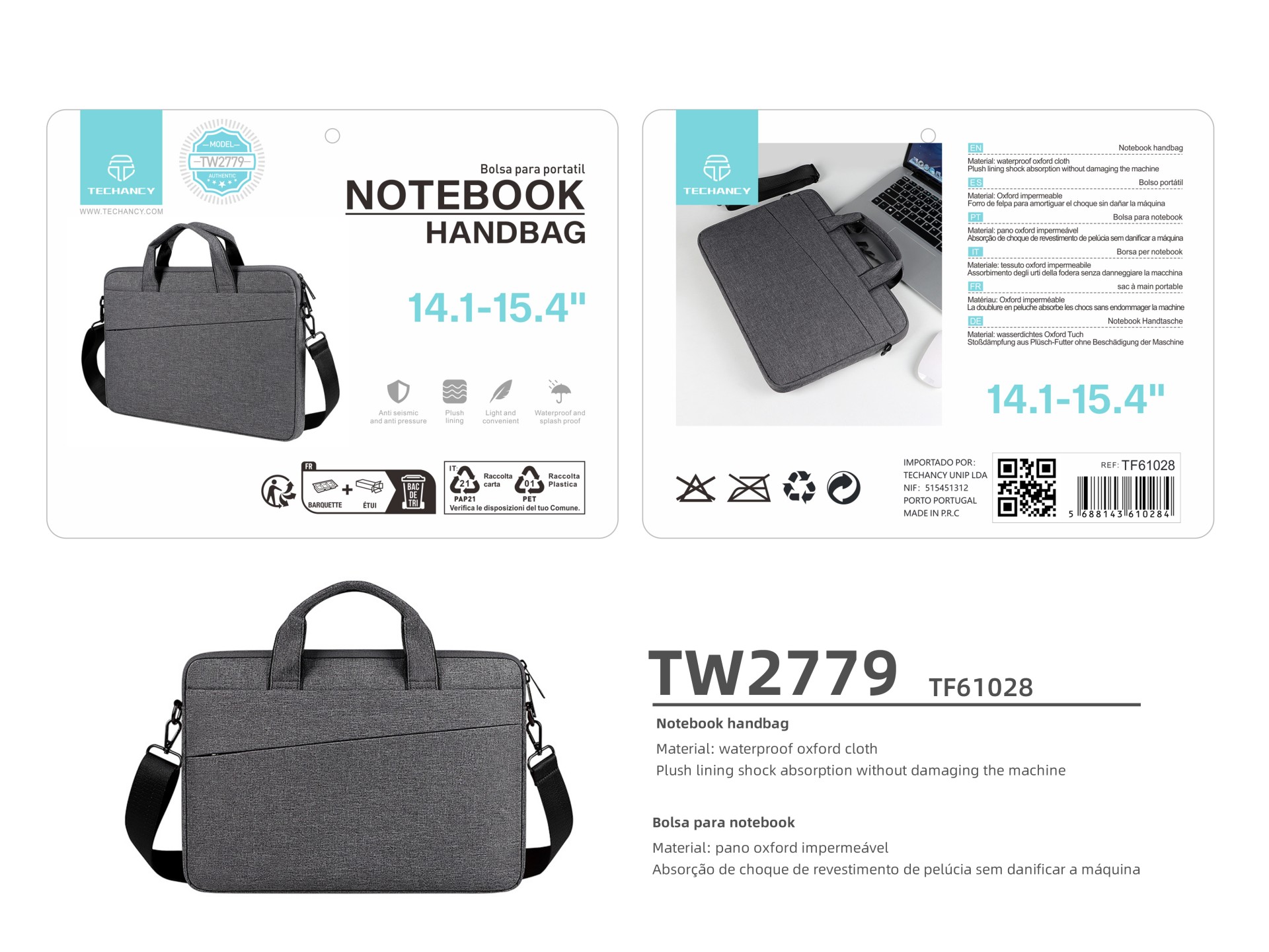 Techancy TW2779 Laptop Carrying Case, Black, 14.1/15.4 inch, Adjustable Shoulder Strap