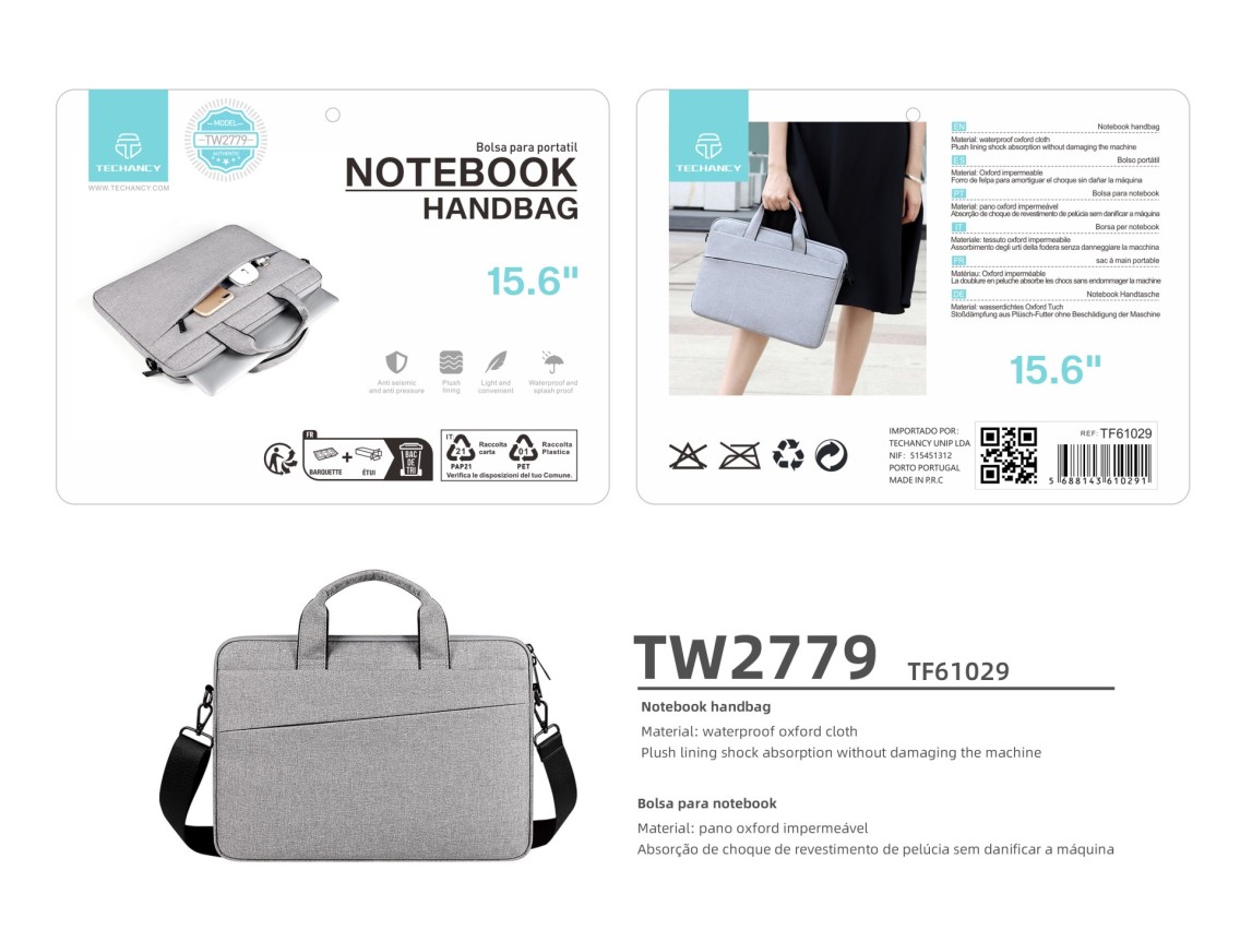 Mala para computador port�til Techancy TW2779, cinzenta, 15,6 polegadas, al�a ajust�vel