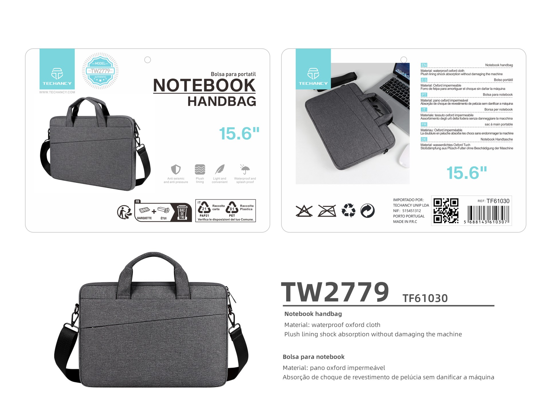 Mala para computador portátil Techancy TW2779, Preto, 15,6 polegadas, alça ajustável