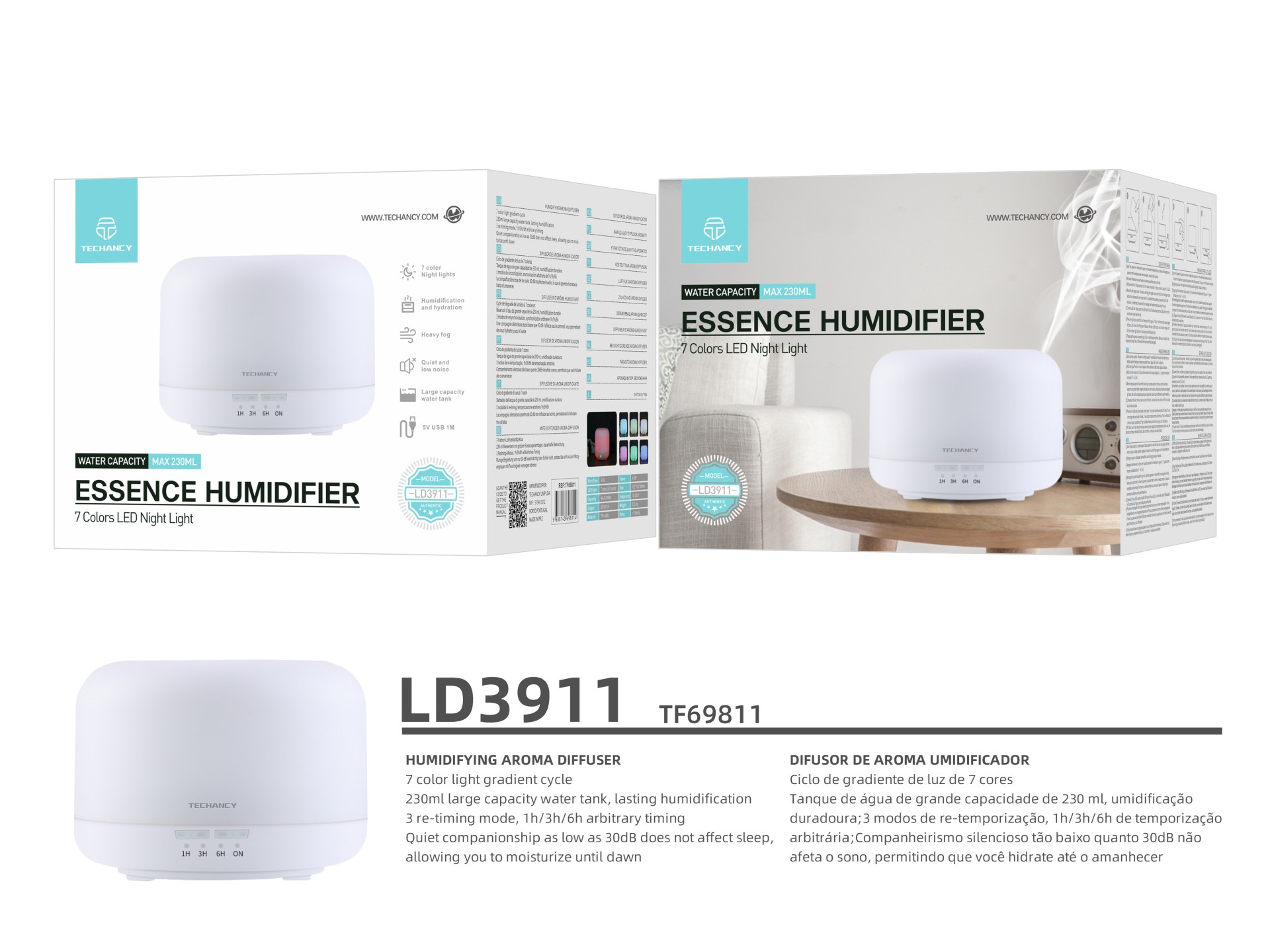 Techancy Aromatherapy Diffuser, LD3911, with Humidifier Function, White