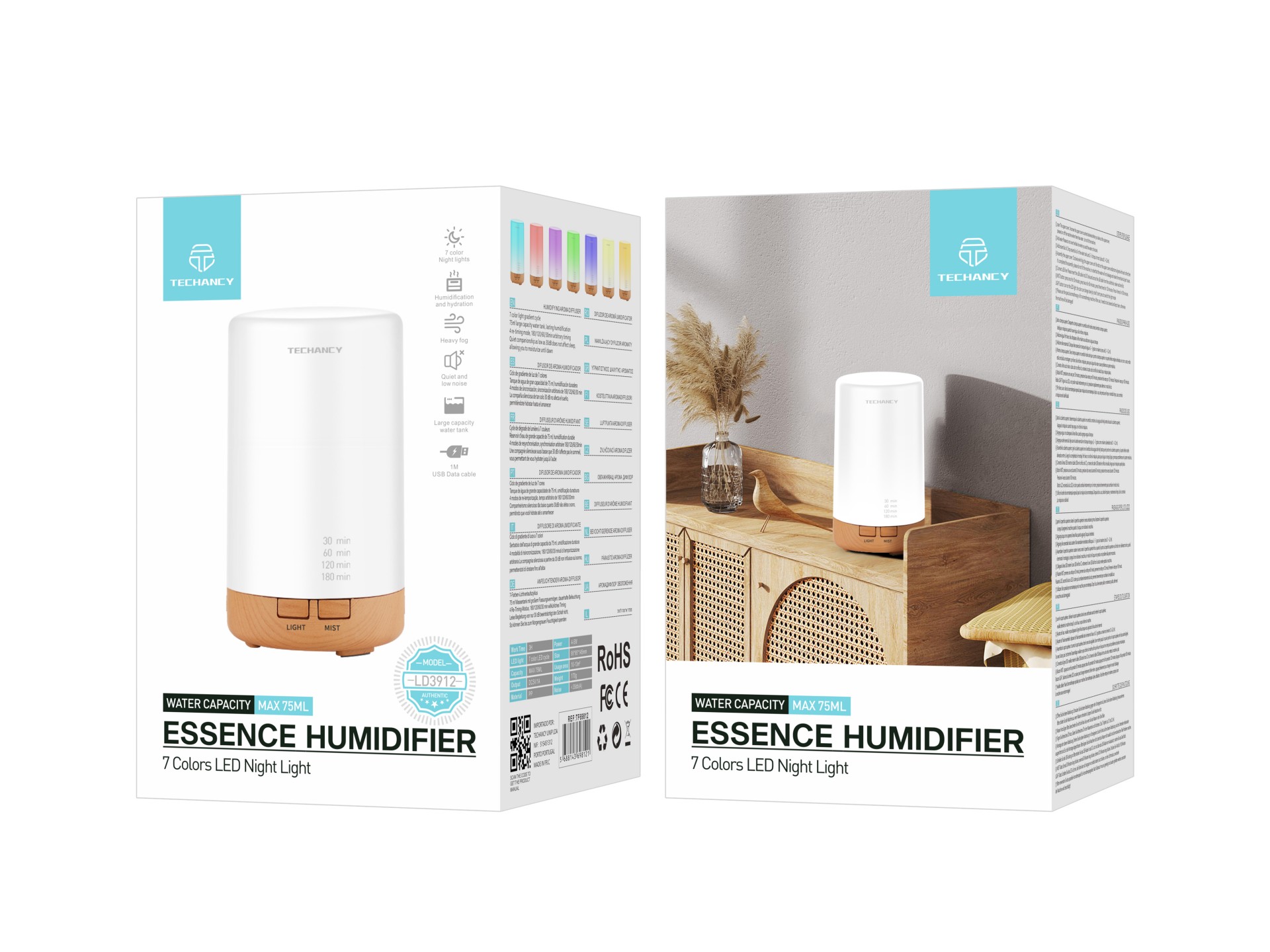 Difusor de aromaterapia Techancy, LD3912, con función humidificador, blanco con veta de madera