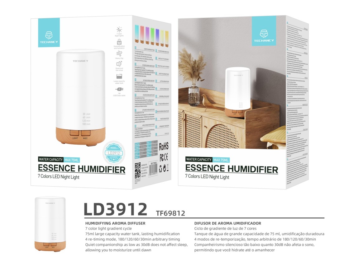 Techancy Aromatherapy Diffuser, LD3912, with Humidifier Function, White + Wood Grain