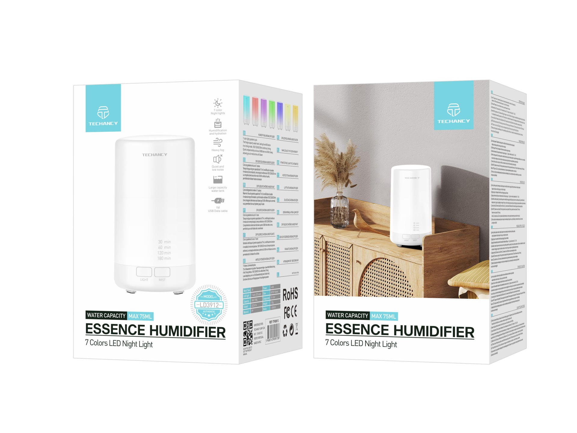 Difusor de aromaterapia Techancy, LD3912, com função humidificadora, branco
