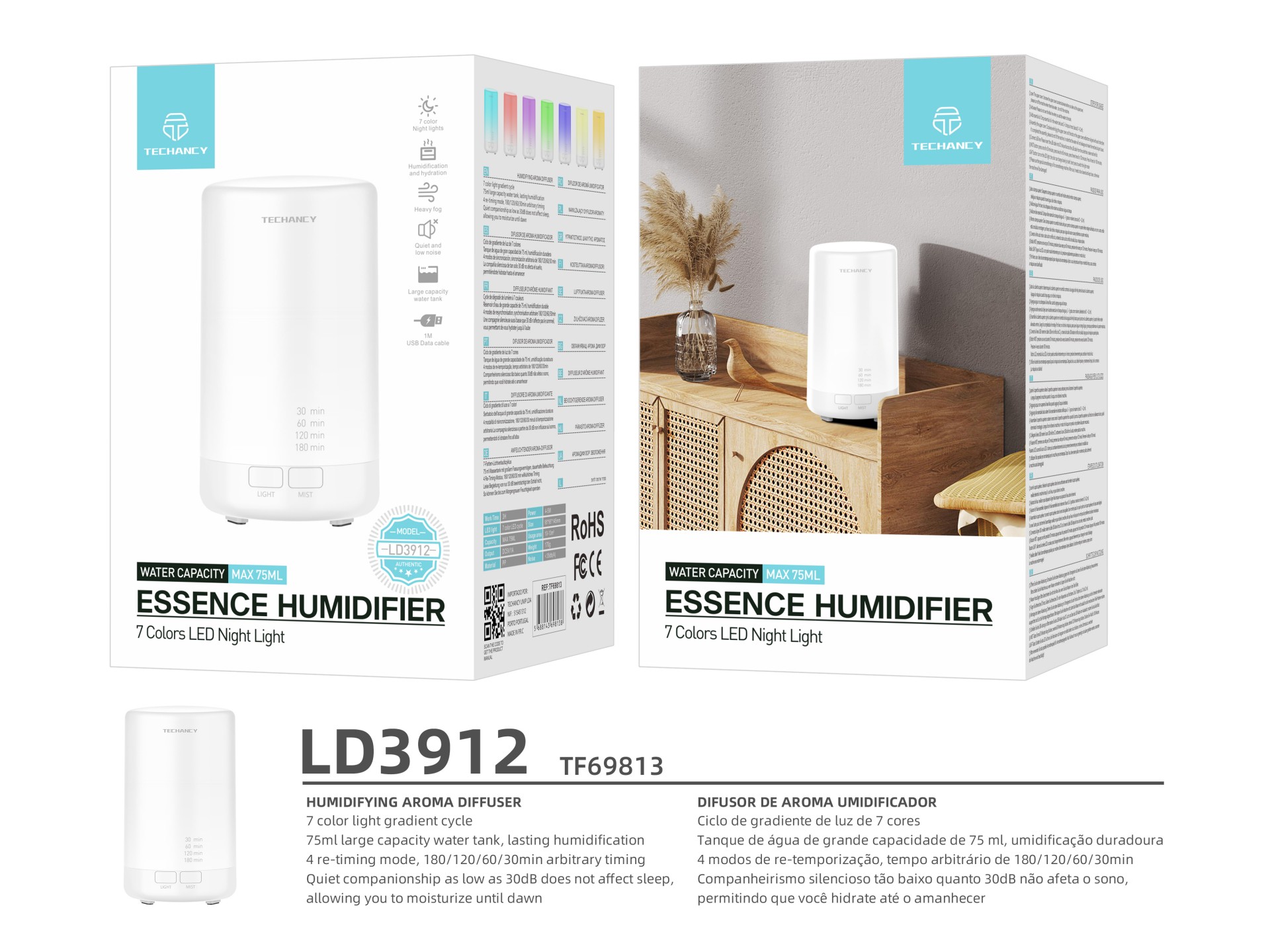 Difusor de aromaterapia Techancy, LD3912, com função humidificadora, branco