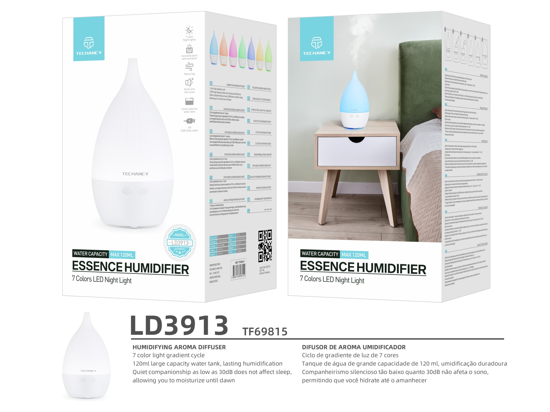 Techancy Aromatherapy Diffuser, LD3913, with Humidifier Function, White