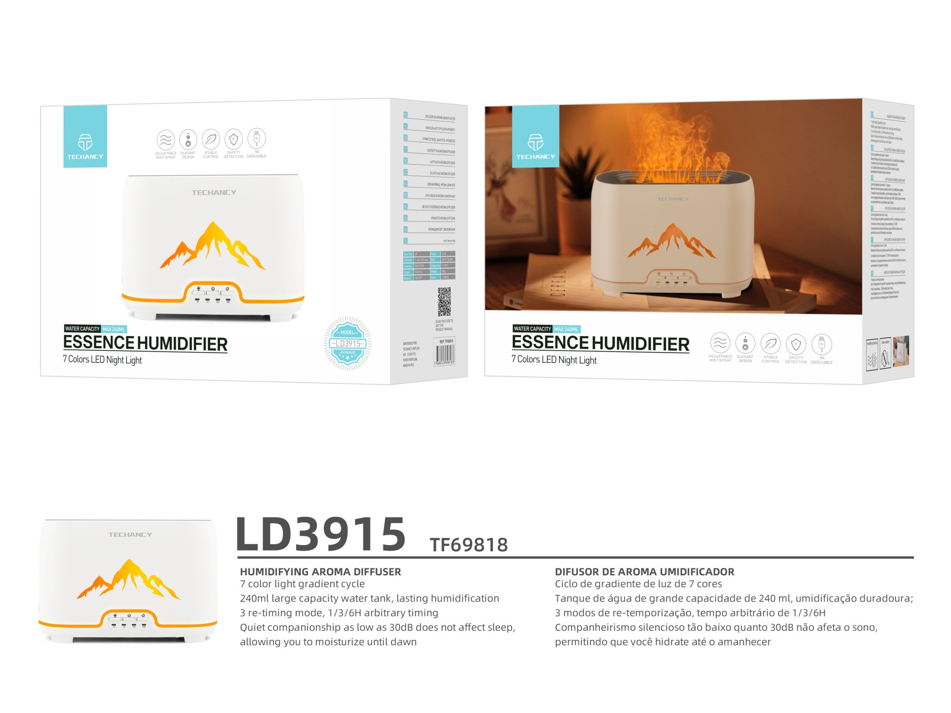 Difusor de aromaterapia LED Techancy Flame, LD3915, com função de aceleração, branco