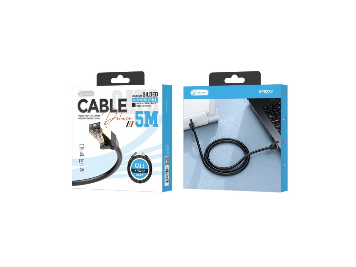 Cabo de rede Techancy CAT-6, KF5232, conector banhado a ouro RJ45, 5 metros, preto