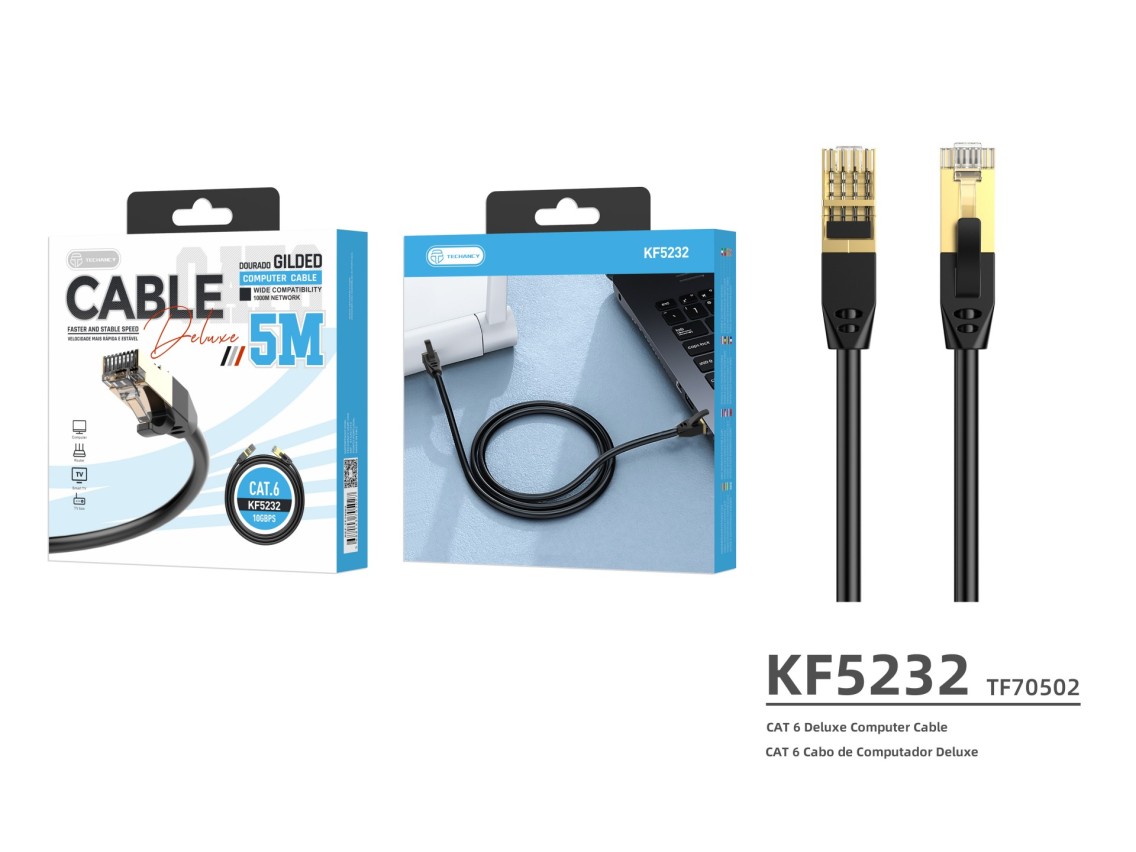 Cabo de rede Techancy CAT-6, KF5232, conector banhado a ouro RJ45, 5 metros, preto