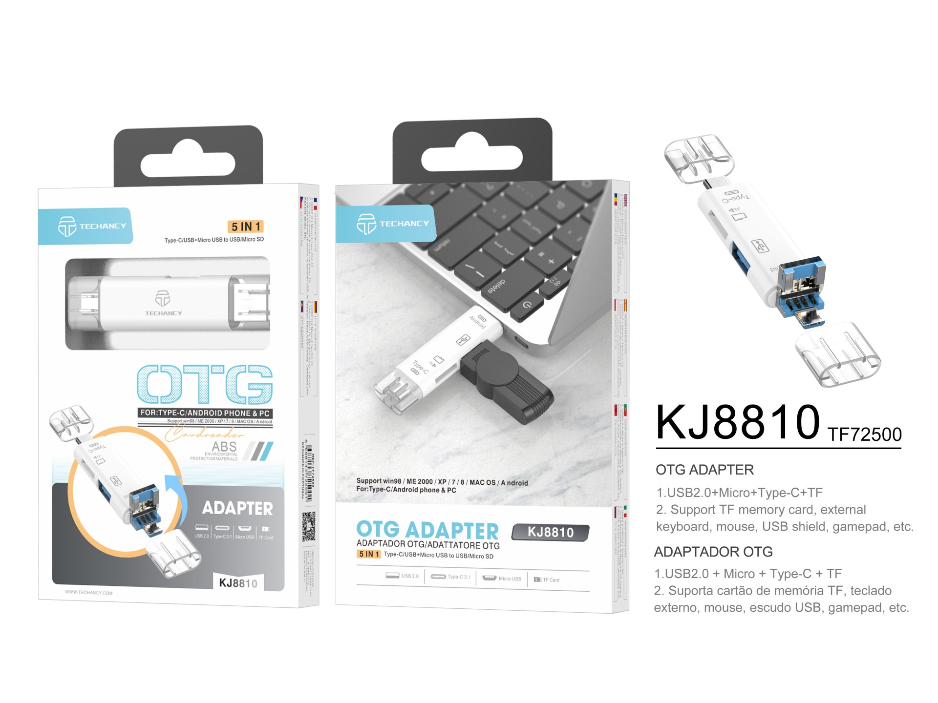 Adaptador OTG 5 en 1 Techancy con lector de almacenamiento, compatible con teléfonos móviles y orden