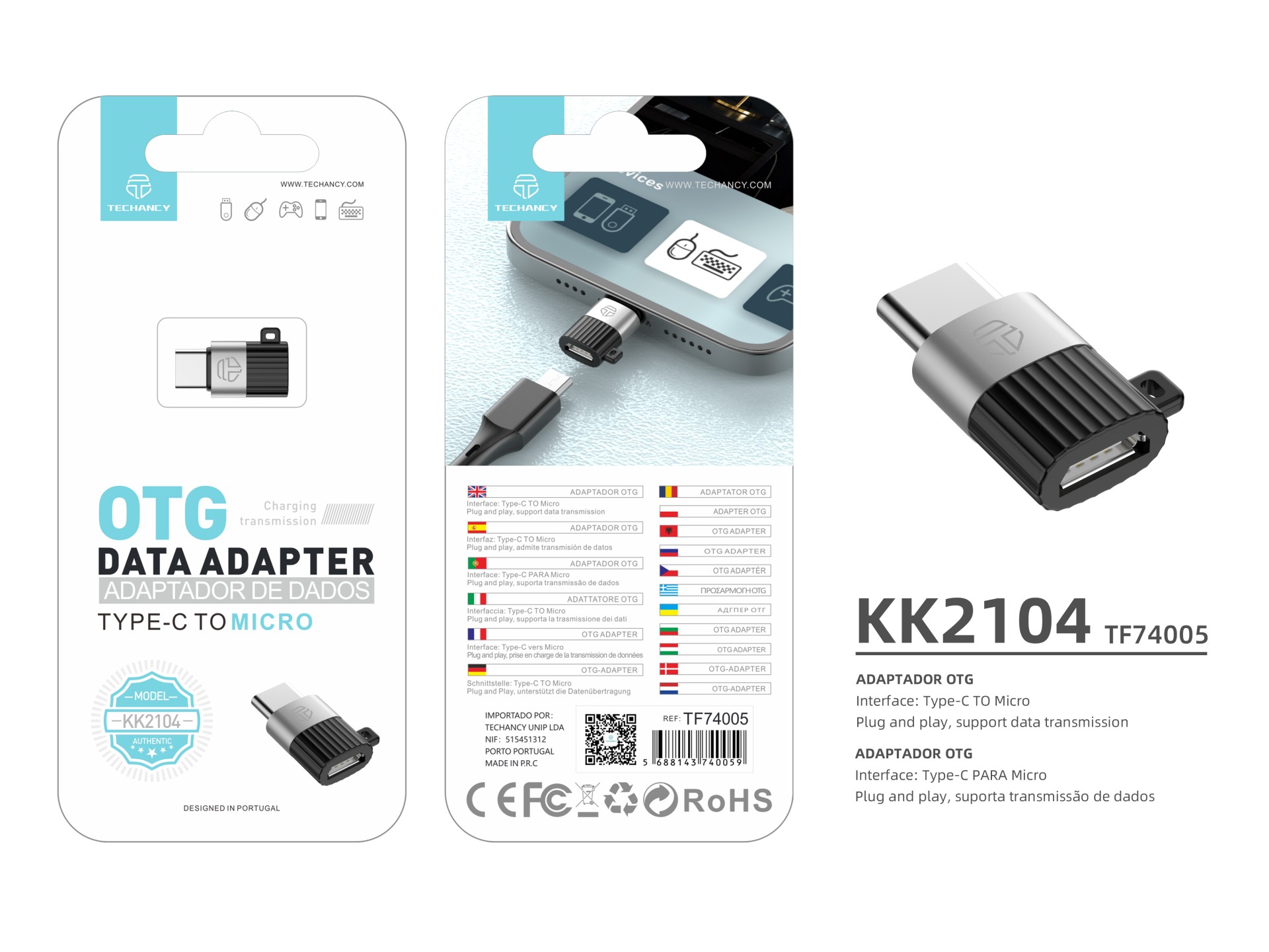 Adaptador OTG Techancy KK2104, tipo C a Micro, admite carga y transferencia de datos, compacto y por