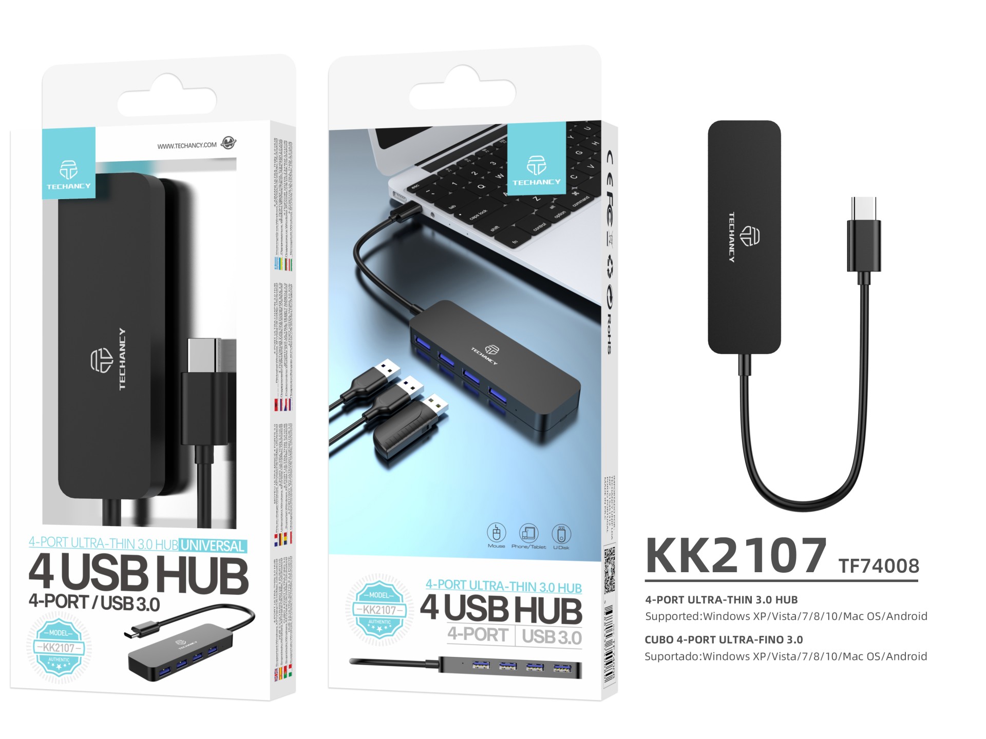 Concentrador Techancy Tipo C a USB 3.0, KK2107, expansor USB 4 en 1, negro