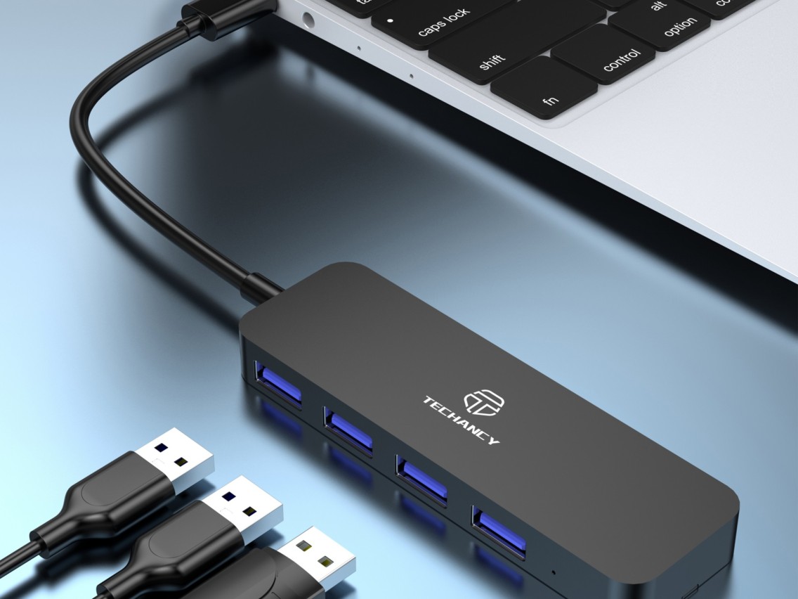Concentrador Techancy Tipo C a USB 3.0, KK2107, expansor USB 4 en 1, negro