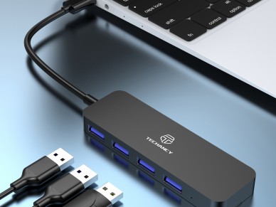 Techancy Type C to USB 3.0 Hub, KK2107, 4-in-1 USB Expander, Black
