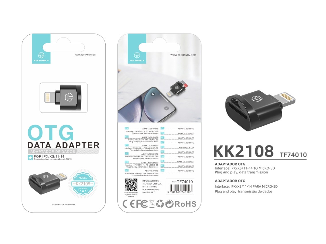 Leitor de cartões SD Techancy, adaptador Micro SD para Lightning, KK2108, compatível com iPad e iPho