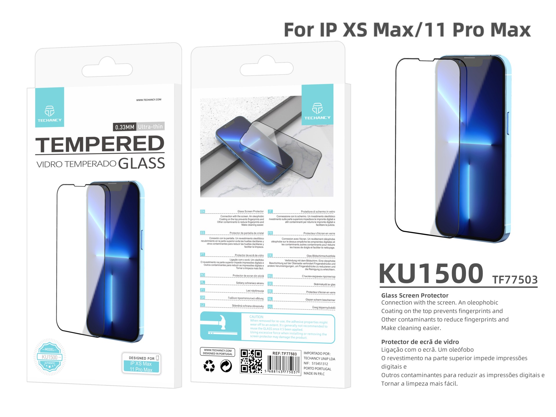 Protetor de ecrã premium para smartphone Techancy, KU1500, vidro temperado de 0,33, compatível com i