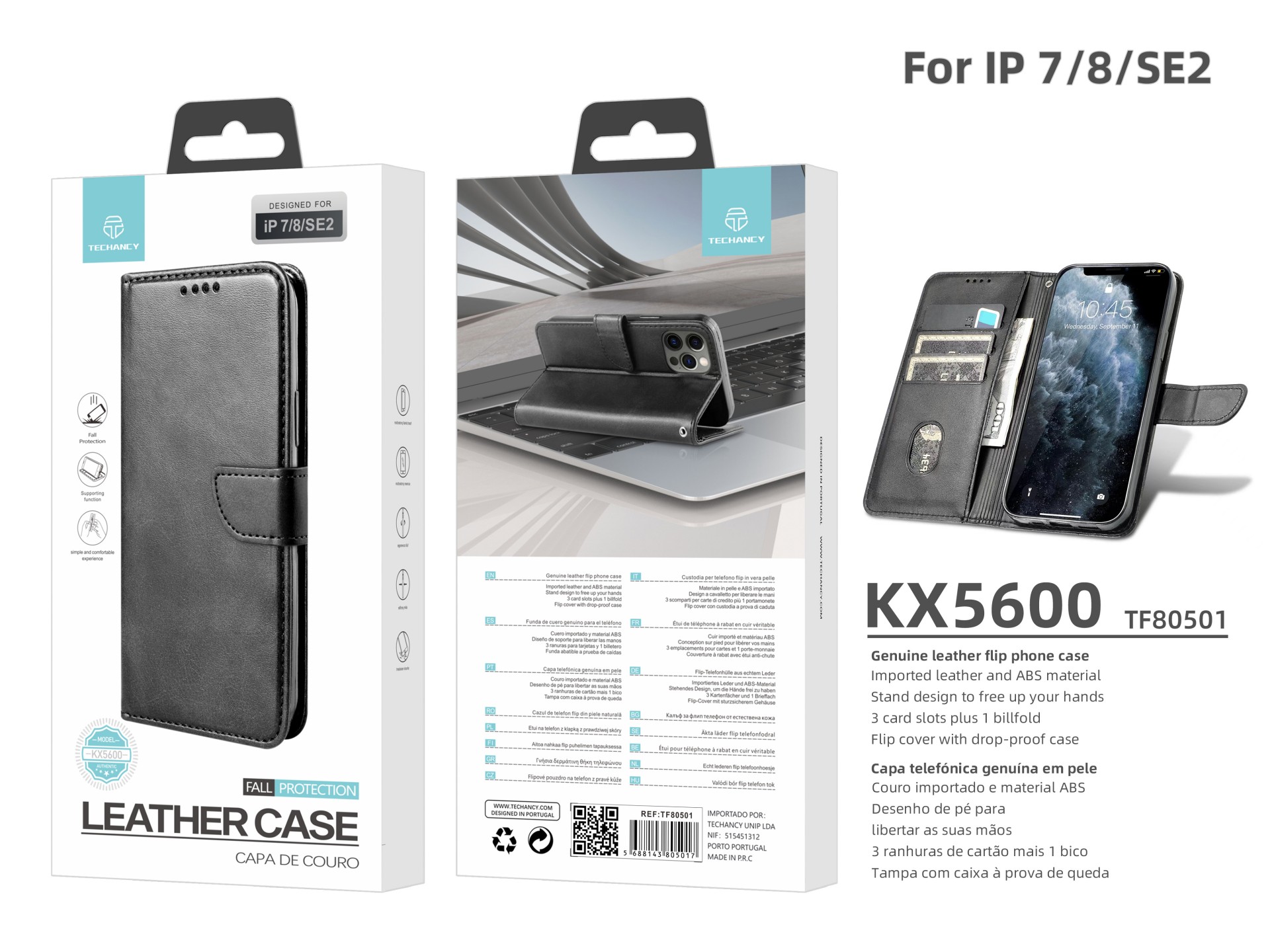 Capa flip em couro para telemóvel com 3 ranhuras para cartões, KX5600, função suporte e proteção con