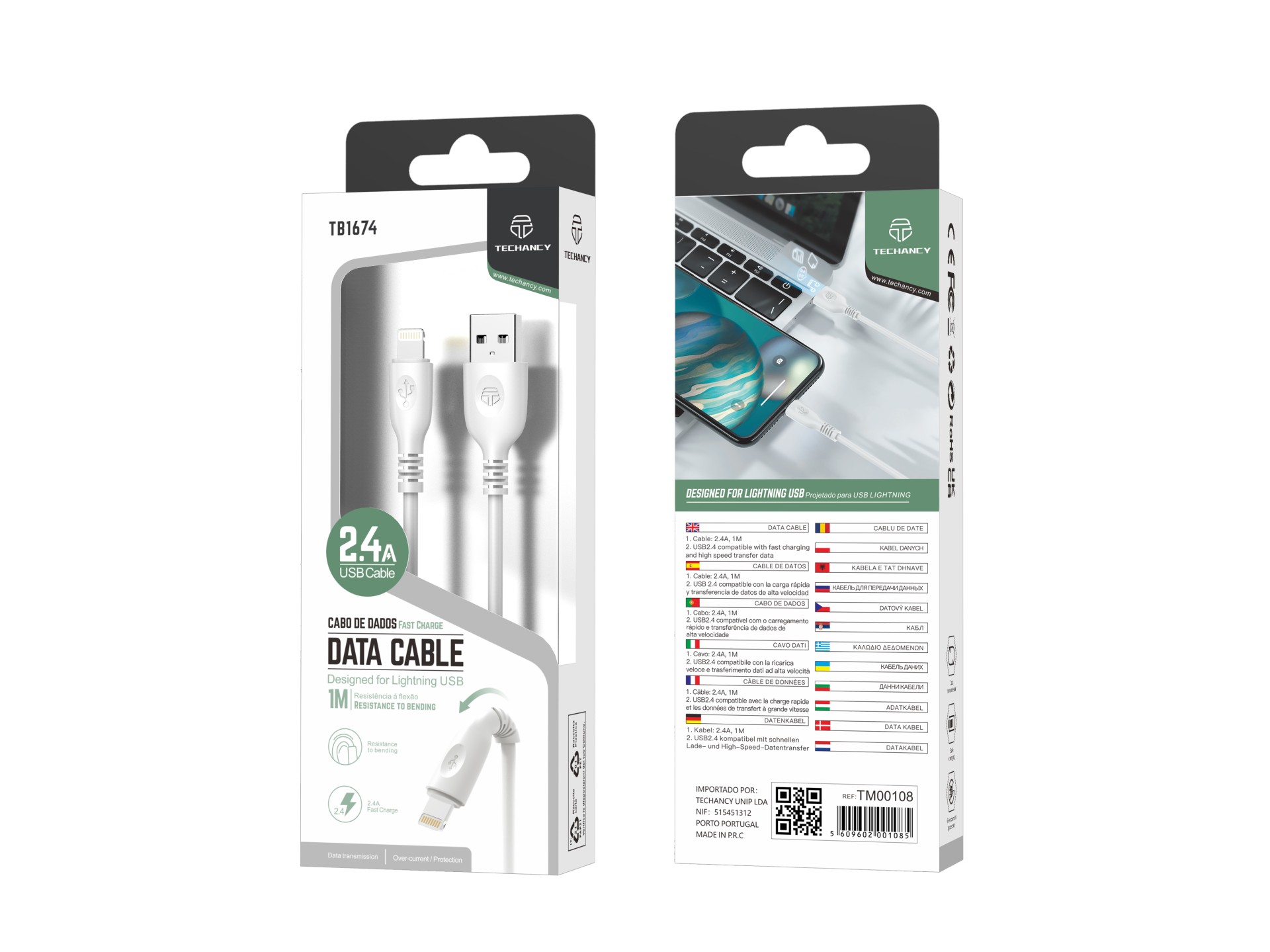 Techancy USB-Type-C Data Cable, TB1674 1M, 2.4A Fast Charging, Data Transfer, White