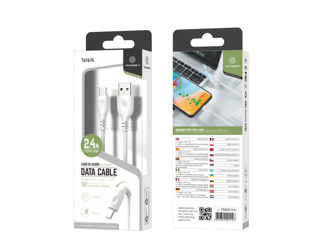 Techancy Cabo De Dados Usb-Tipo-c, TB1676 1M 2,4A Carregamento Rápido, Transferência De Dados, Branc