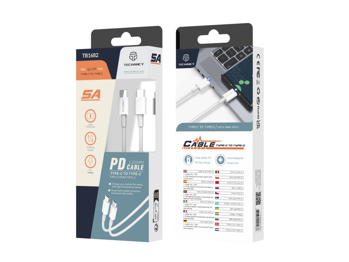 Techancy Cabo De Dados De Carregamento Rápido Pd De 18 W 1,2 M TB1682, Interface Usb C-Usb C, Suport