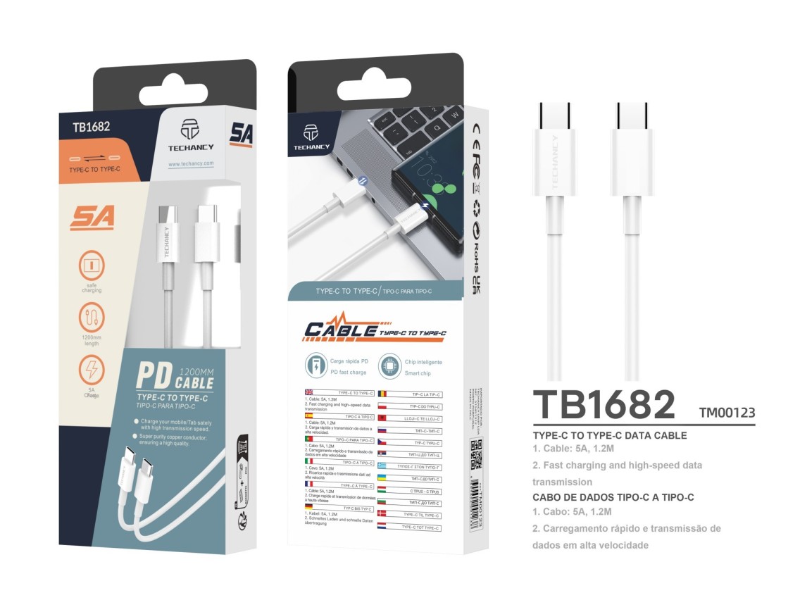 Techancy Cabo De Dados De Carregamento Rápido Pd De 18 W 1,2 M TB1682, Interface Usb C-Usb C, Suport