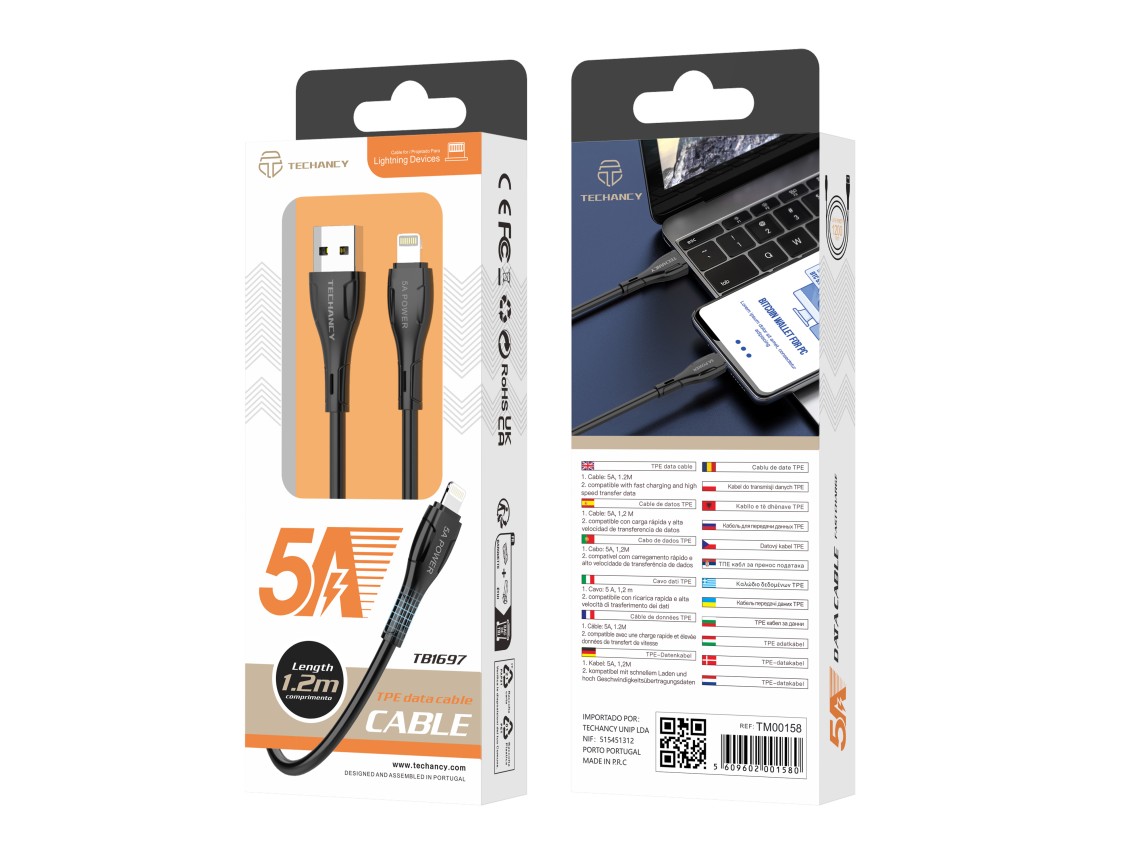 Techancy USB-IP7/8/X/11-14 Data Cable TB1697, 1.2m 5A Fast Charging, Data Transfer, Black