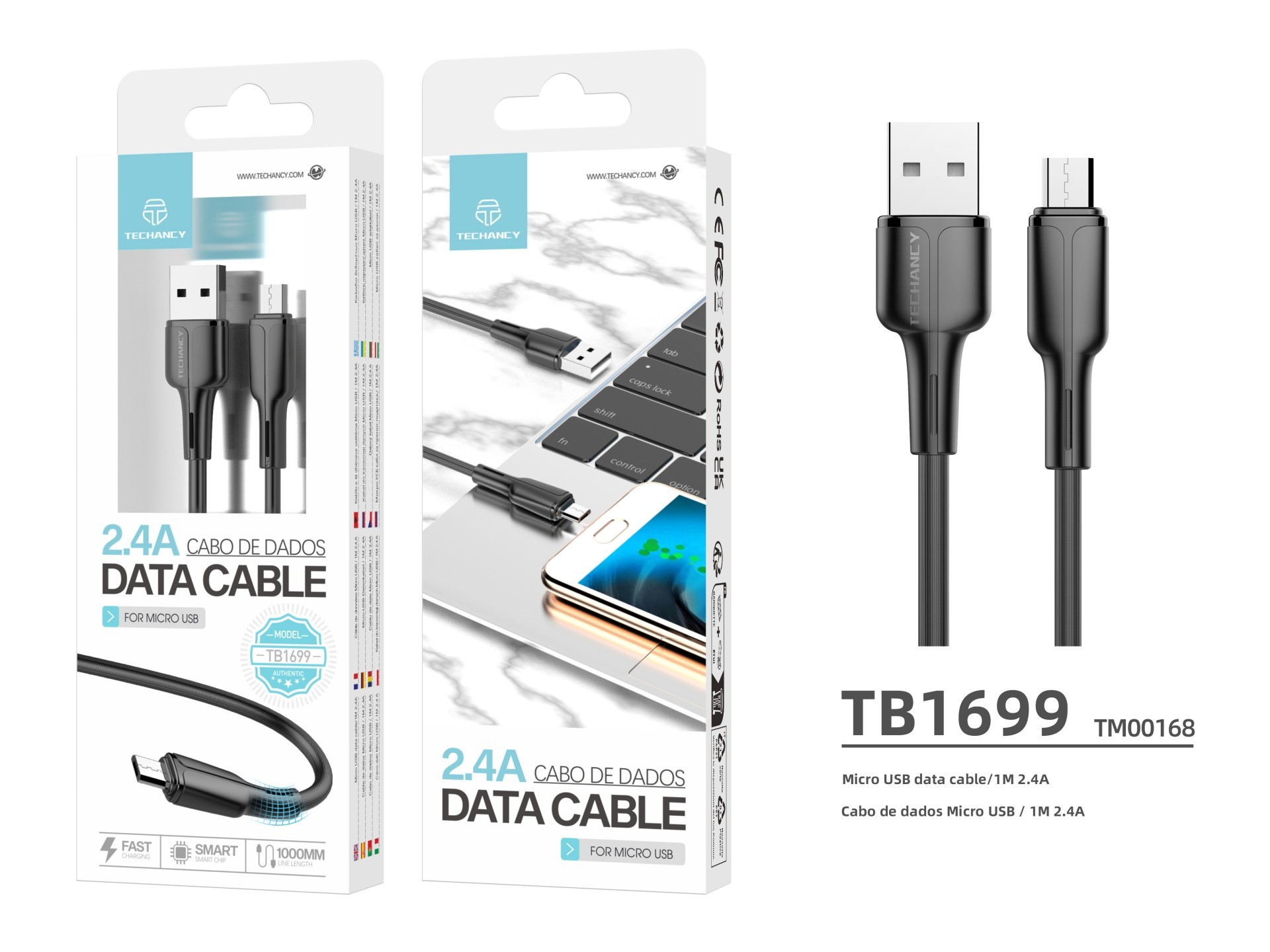 Techancy USB-Micro Data Cable Black 1m TB1699, Fast Charging 2.4A, Supports Data Transfer, PVC Mater