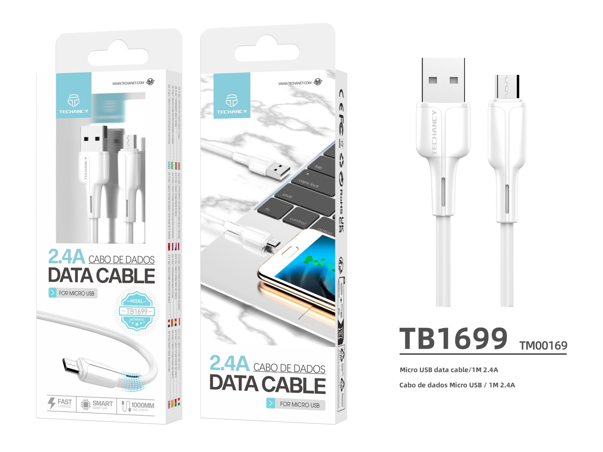 Techancy USB-Micro Data Cable White 1M TB1699, 2.4A Fast Charging, Supports Data Transmission, PVC M