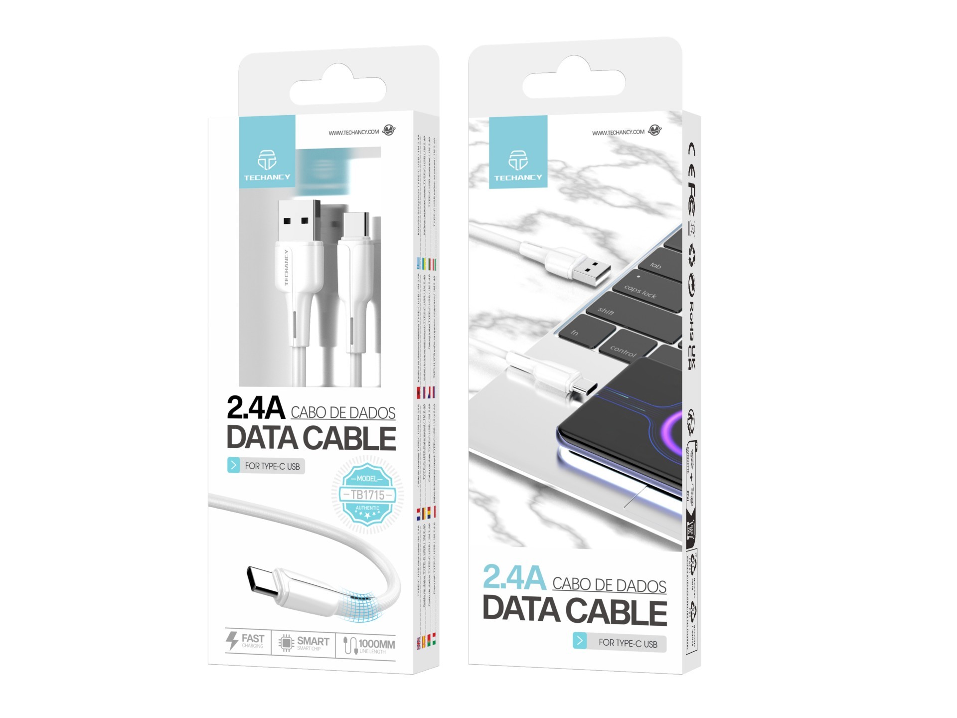 Techancy Cabo De Dados Usb-Type-C Branco 1M TB1715,Carregamento Rápido De 2,4 A, Suporta Transmissão