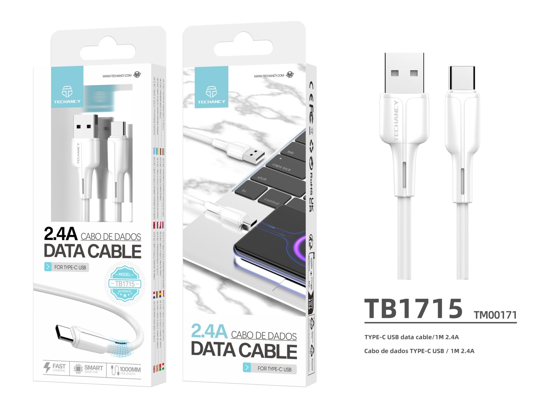 Techancy Cabo De Dados Usb-Type-C Branco 1M TB1715,Carregamento Rápido De 2,4 A, Suporta Transmissão