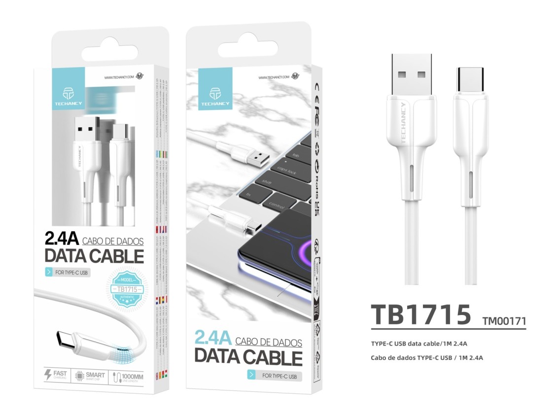 Techancy Cabo De Dados Usb-Type-C Branco 1M TB1715,Carregamento Rápido De 2,4 A, Suporta Transmissão