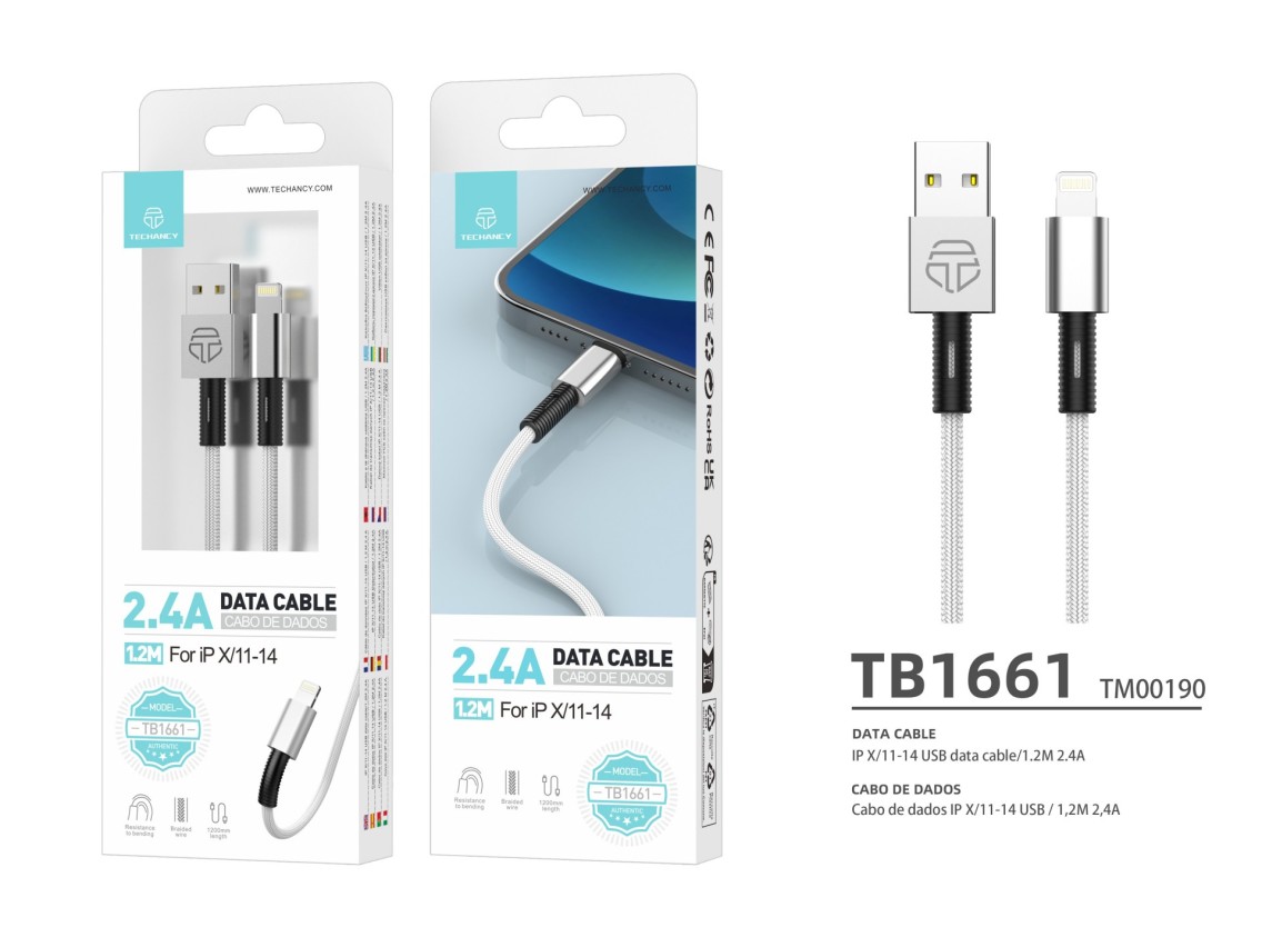 Techancy USB-Lightning Data Cable White TB1717, 2.4A Fast Charging, Aluminum Alloy + Braided 1.2M