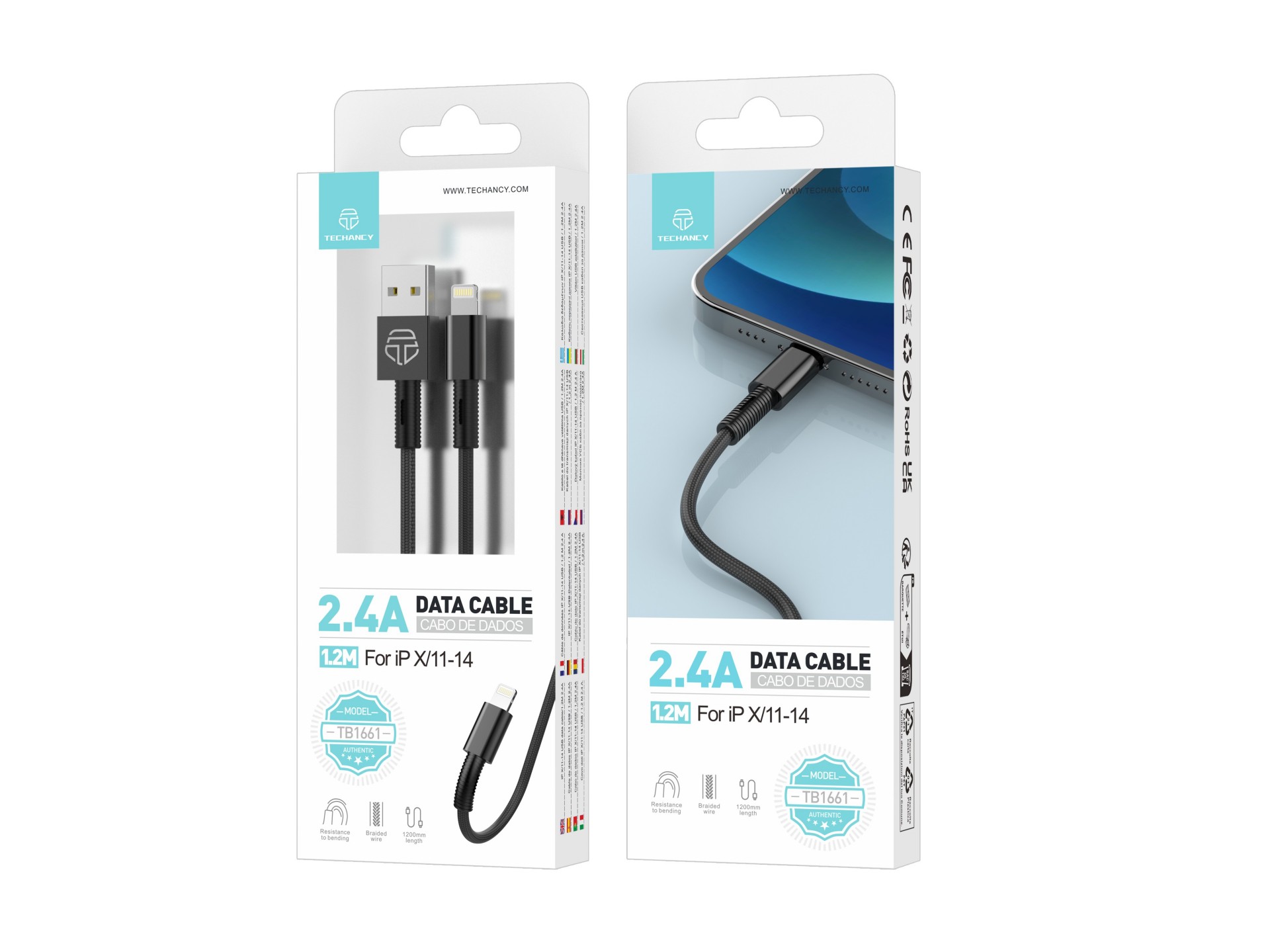 Techancy Cabo De Dados Usb-Lightning Preto TB1717, Carregamento Rápido De 2,4 A, Liga De Alumínio +