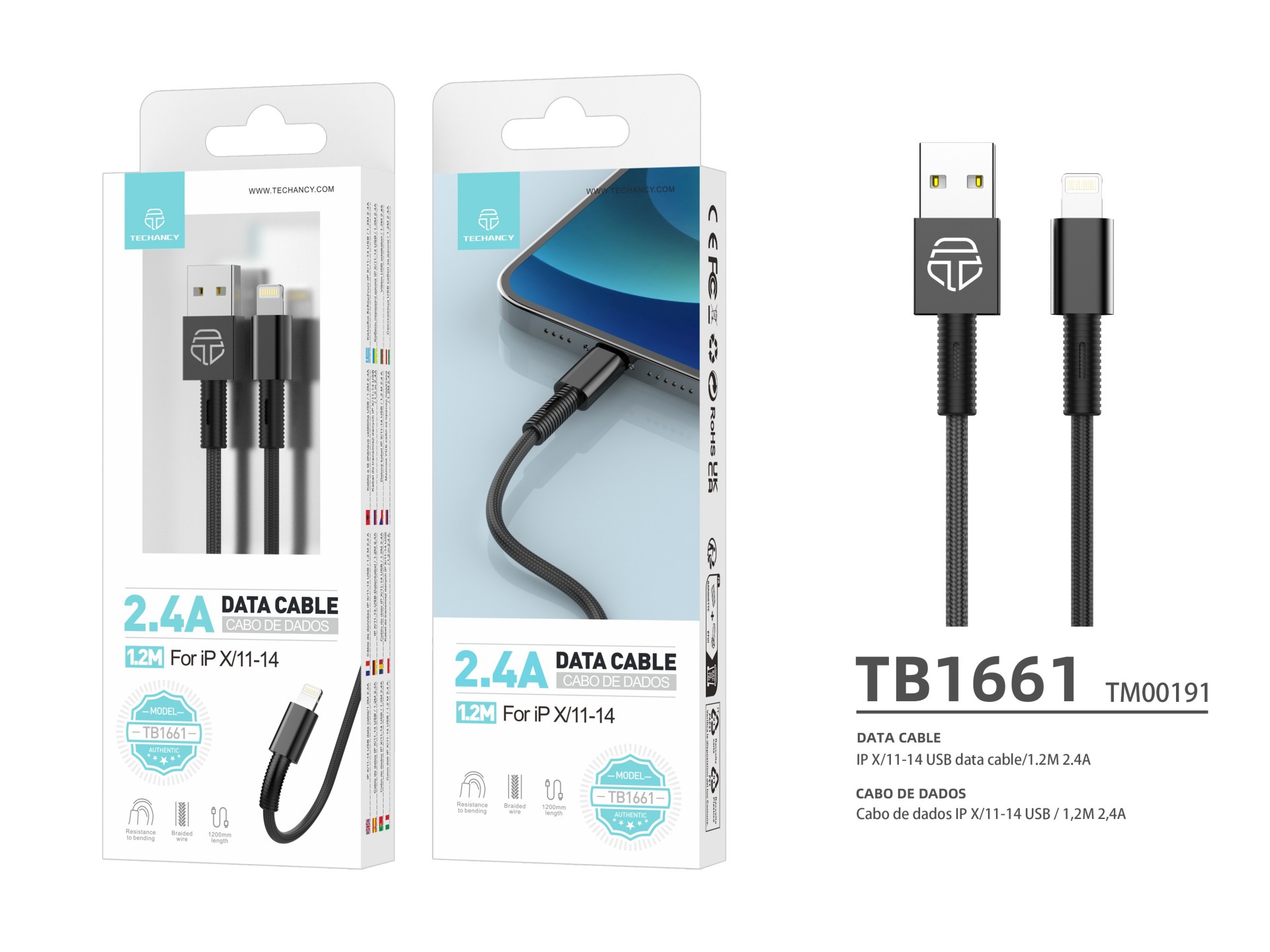 Techancy Cabo De Dados Usb-Lightning Preto TB1717, Carregamento Rápido De 2,4 A, Liga De Alumínio +