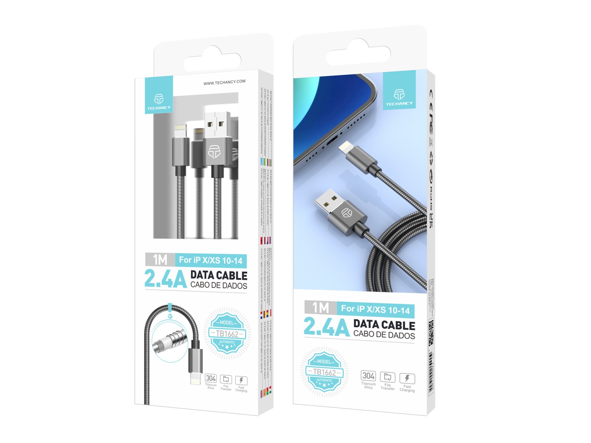 Techancy Aluminum Alloy Data Cable 1m TB1662, All-Metal Design, Usb-Ip8/X/11-14, 2.4a Charging.