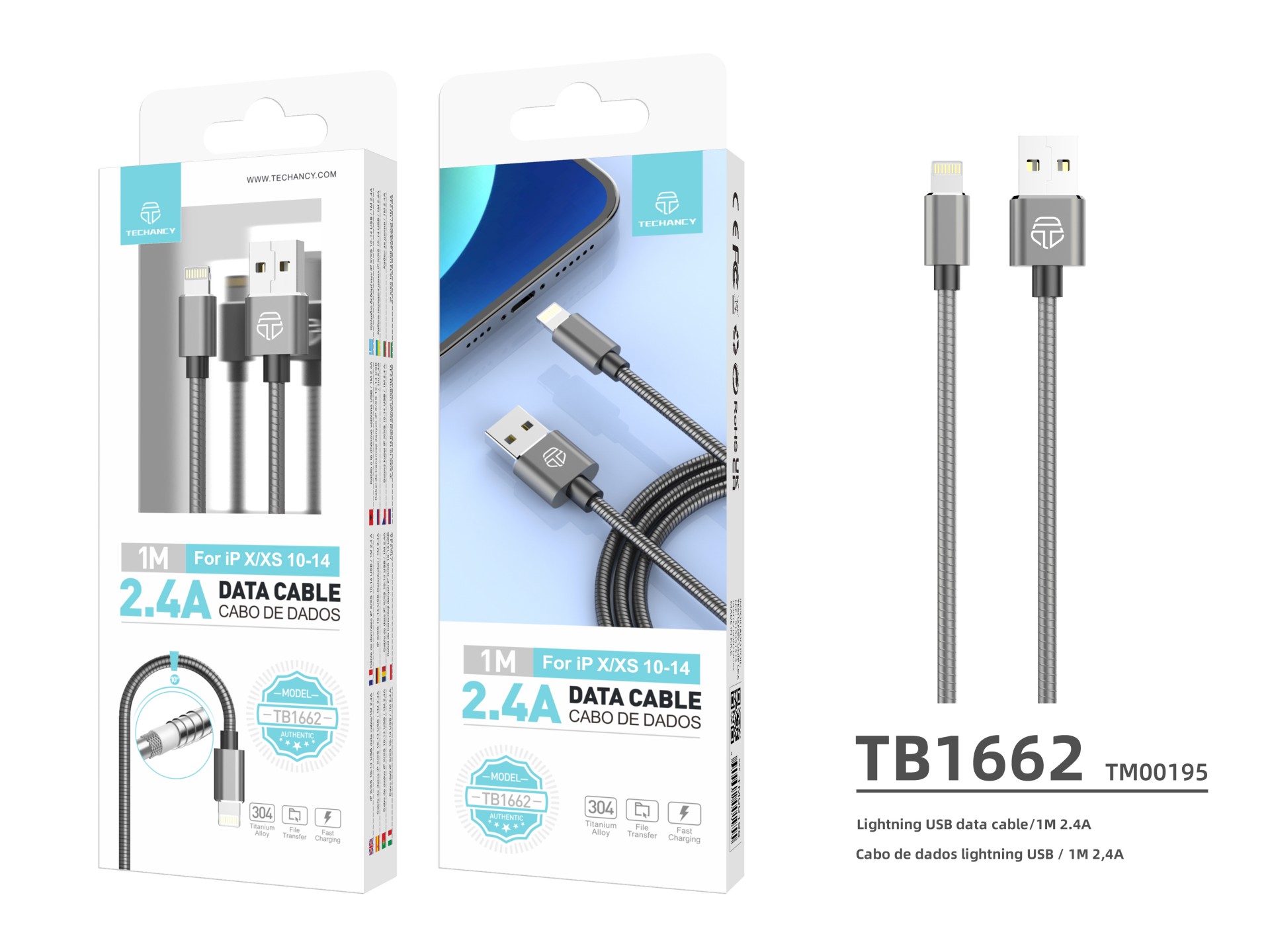 Techancy Aluminum Alloy Data Cable 1m TB1662, All-Metal Design, Usb-Ip8/X/11-14, 2.4a Charging.