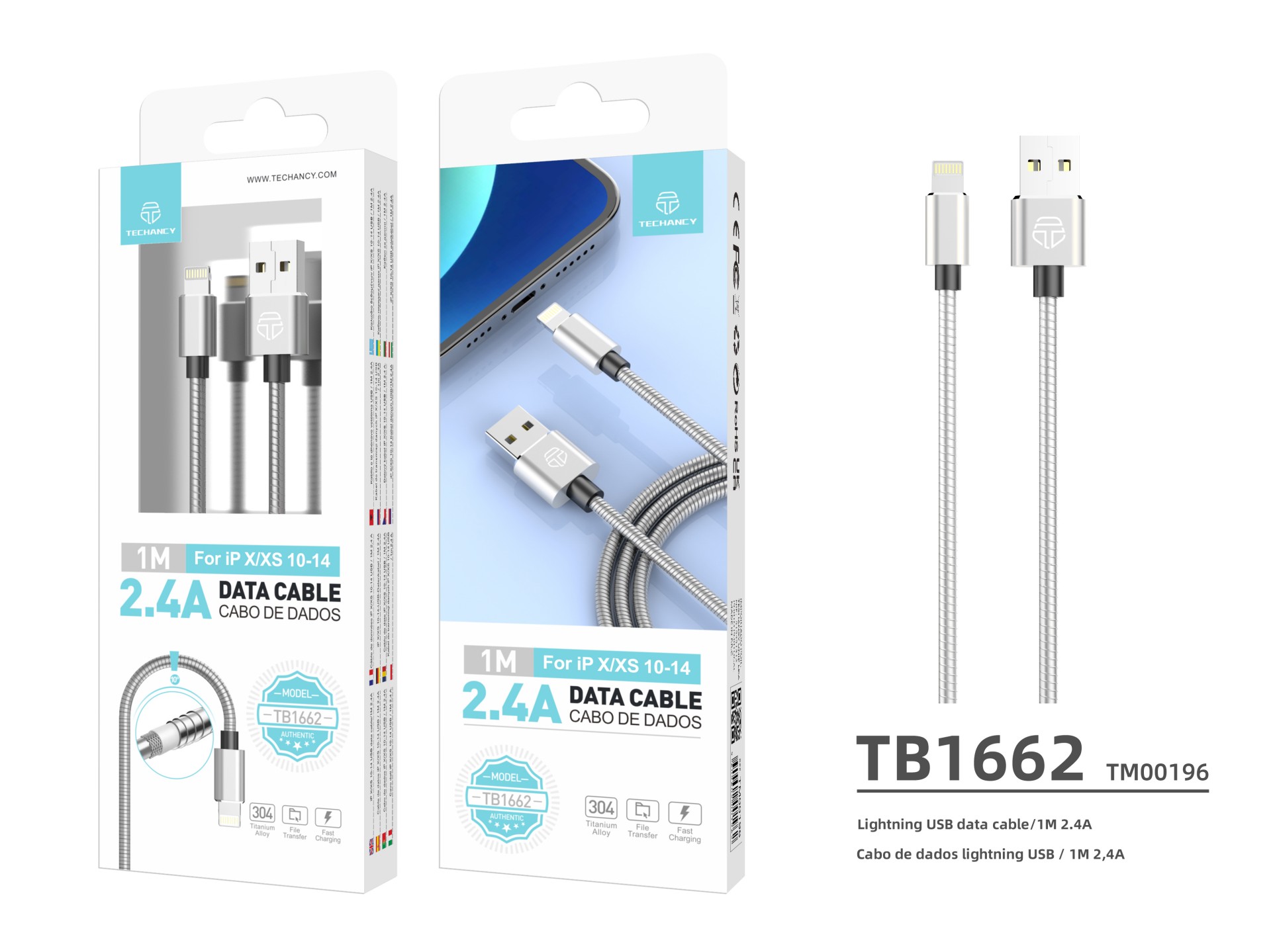 Techancy Aluminum Alloy Data Cable 1m TB1662, All-Metal Design, Usb-Ip8/X/11-14, 2.4a Charging.