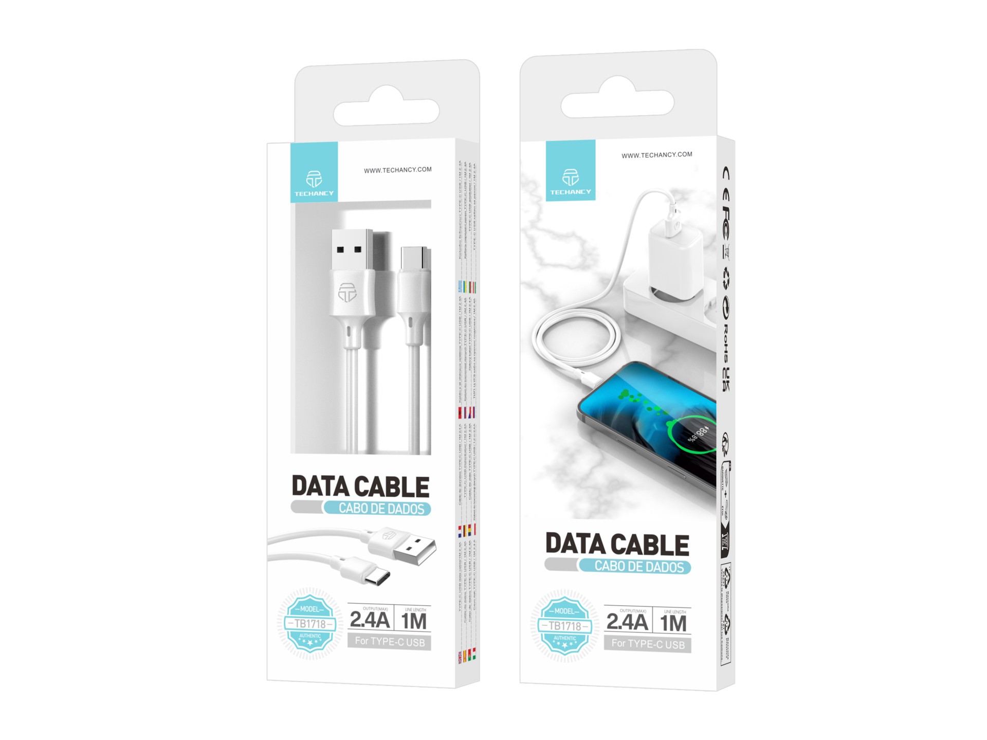 Techancy Cabo De Dados Usb-Tipo C 1M Branco TB1725, Carregamento De 2,4 A, Compatível Com Telemóveis