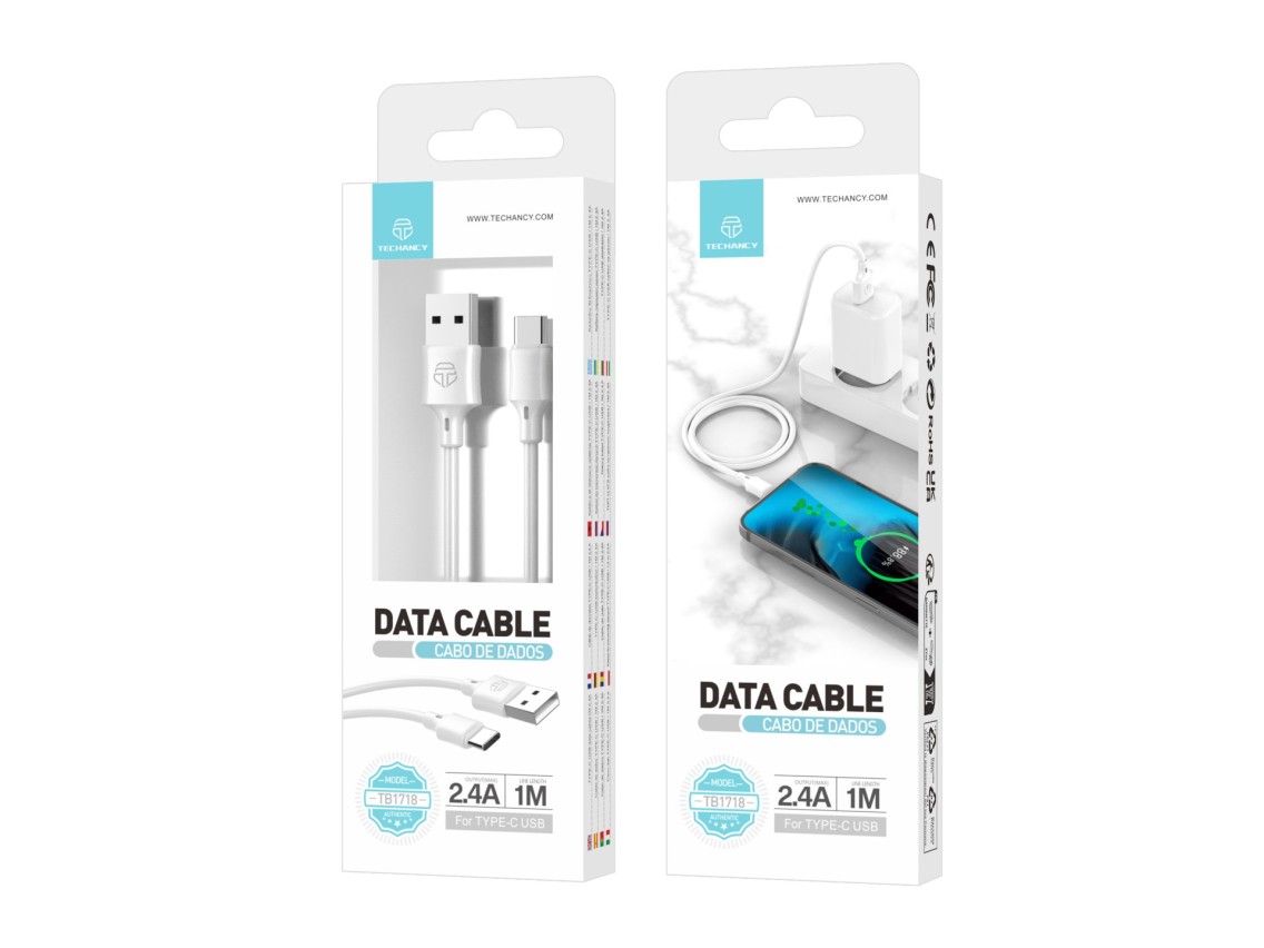 Techancy Cabo De Dados Usb-Tipo C 1M Branco TB1725, Carregamento De 2,4 A, Compat�vel Com Telem�veis