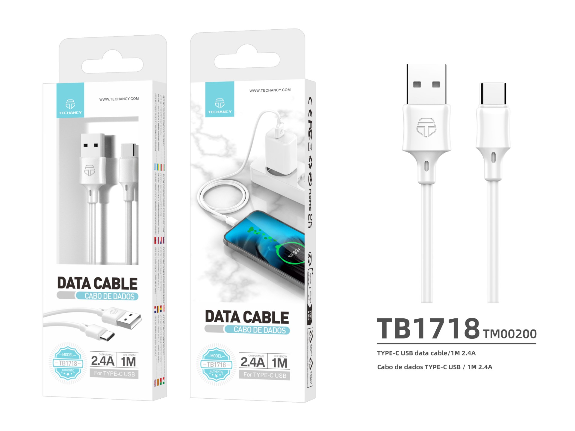 Techancy Cabo De Dados Usb-Tipo C 1M Branco TB1725, Carregamento De 2,4 A, Compatível Com Telemóveis