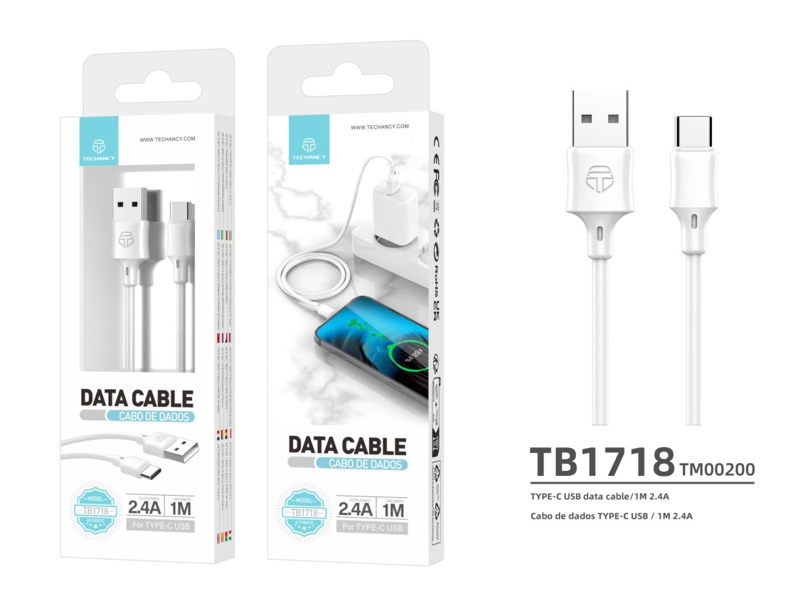 Techancy Cabo De Dados Usb-Tipo C 1M Branco TB1725, Carregamento De 2,4 A, Compat�vel Com Telem�veis
