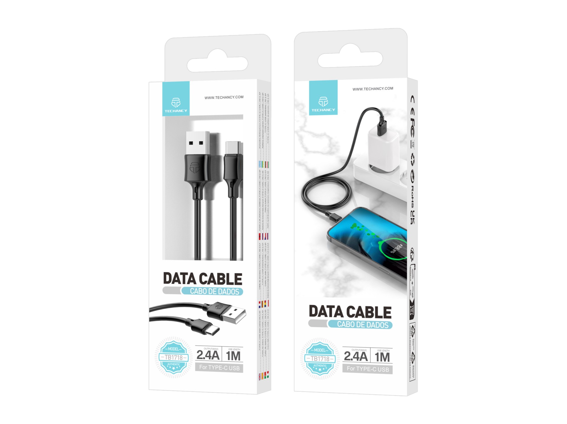 Techancy USB Type-C Data Cable 1M Black TB1725, 2.4A Charging, Compatible with Type-C Mobile Phones